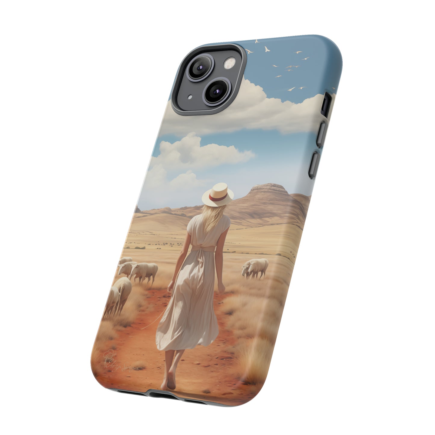 Serenity in Hand: Our Tough Western Cell Phone Case invites you to experience tranquility. A vintage painted design portrays a woman in a skirt and hat walking on a dirt road through a prairie, with grazing sheep. Let the vanishing horizon captivate your senses. Elevate your phone with timeless beauty. #ElizaSinger #PhoneCase