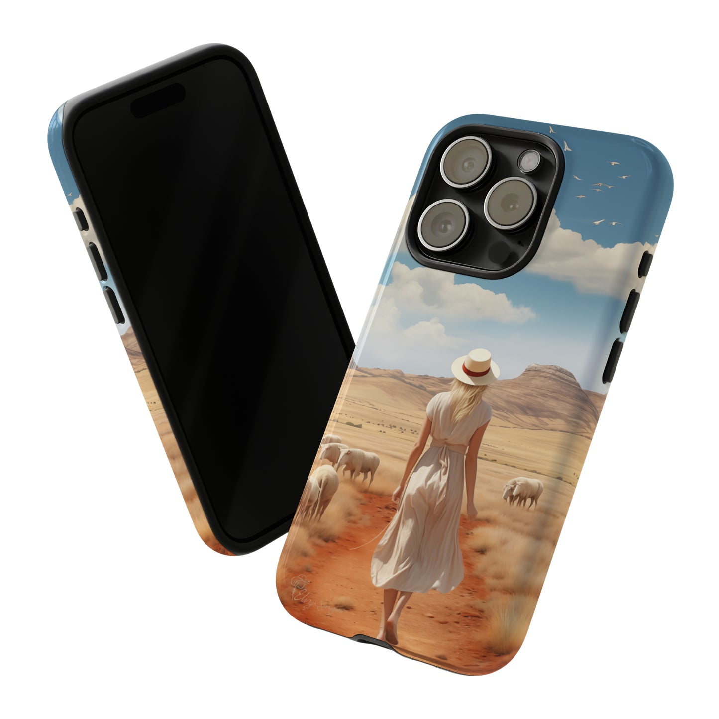 Serenity in Hand: Our Tough Western Cell Phone Case invites you to experience tranquility. A vintage painted design portrays a woman in a skirt and hat walking on a dirt road through a prairie, with grazing sheep. Let the vanishing horizon captivate your senses. Elevate your phone with timeless beauty. #ElizaSinger #PhoneCase