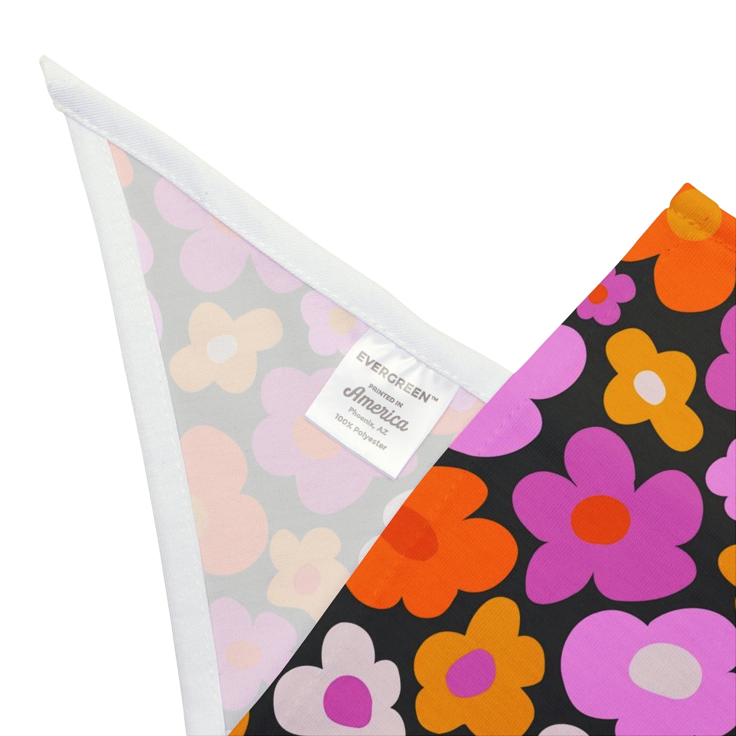 Infuse a bit of retro charm into your dog's style with our Groovy Daisy Dog Bandana/Wild Rag. The groovy daisy pattern in pink, orange, and white on a black background adds a playful and vibrant touch. Crafted from soft-spun polyester, this wild rag ensures comfort and style. Make a fashion statement on every adventure with this exclusive design, available only at Eliza Singer.