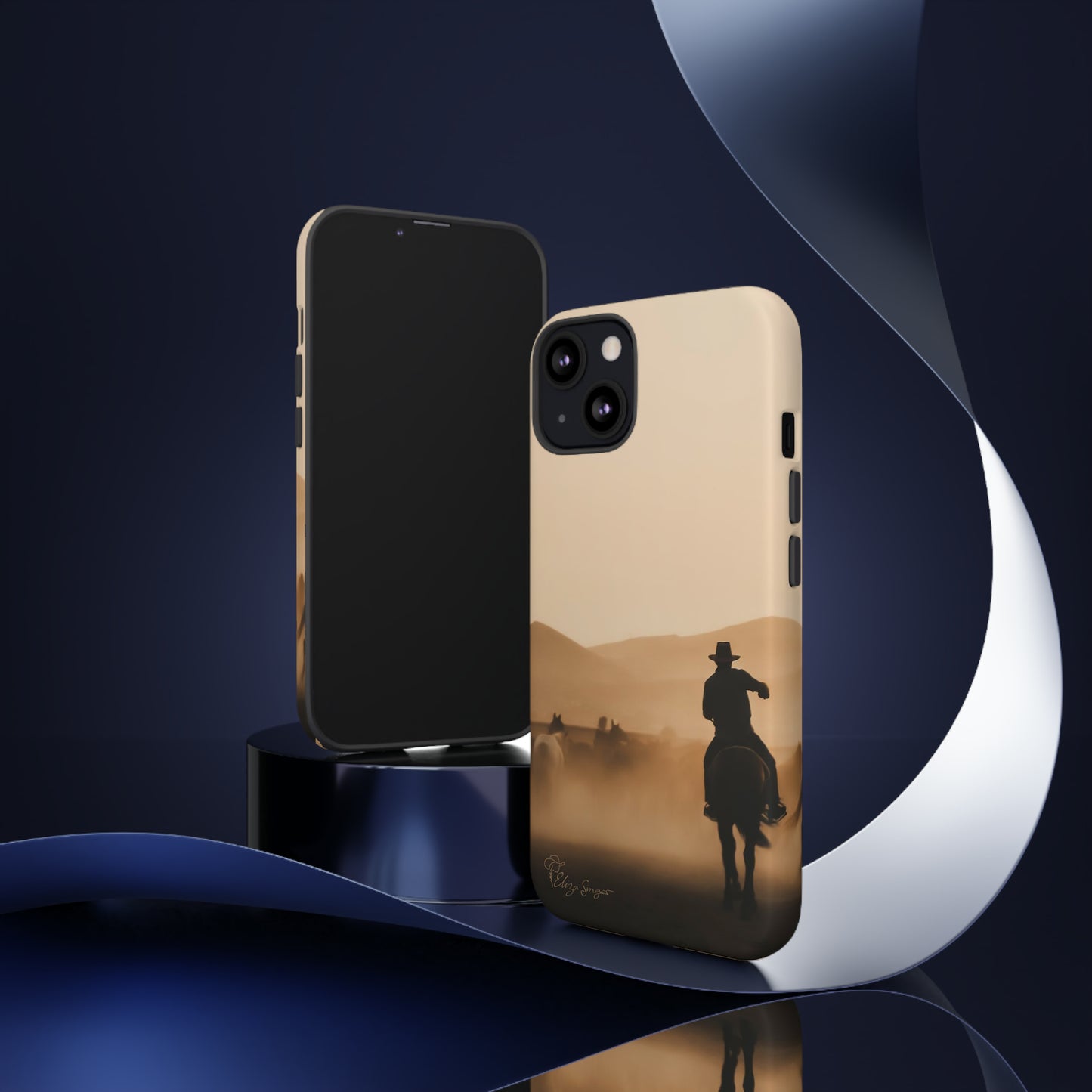 Capture the Western Spirit: Horse Art Western Photo Yellowstone Design iPhone Tough Protective Cover. Featuring a Cowboy amidst Mountains and Buckskin hues. Compatible with iPhone 15, 14, 13, XS, XR Pro/Max/Mini/P/Plus. Bring the Wild West to Your Device with Style and Durability. #ElizaSinger #PhoneCase #WesternDesign