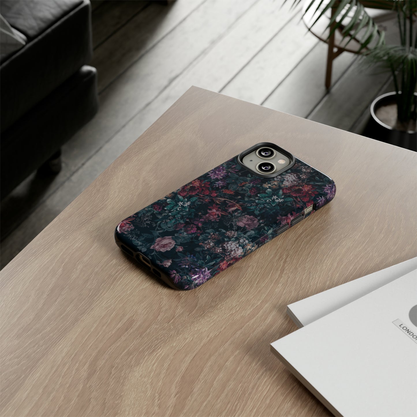 Blooms in Shadows: Botany Floral Dark iPhone Tough Protective Cover. A captivating blend of Flowers in a muted design, compatible with iPhone 15, 14, 13, 12, 11, XS, XR Pro/Max/Mini/P/Plus. Unleash Nature's Elegance with Durability and Style. #ElizaSinger #PhoneCase #FloralDesign