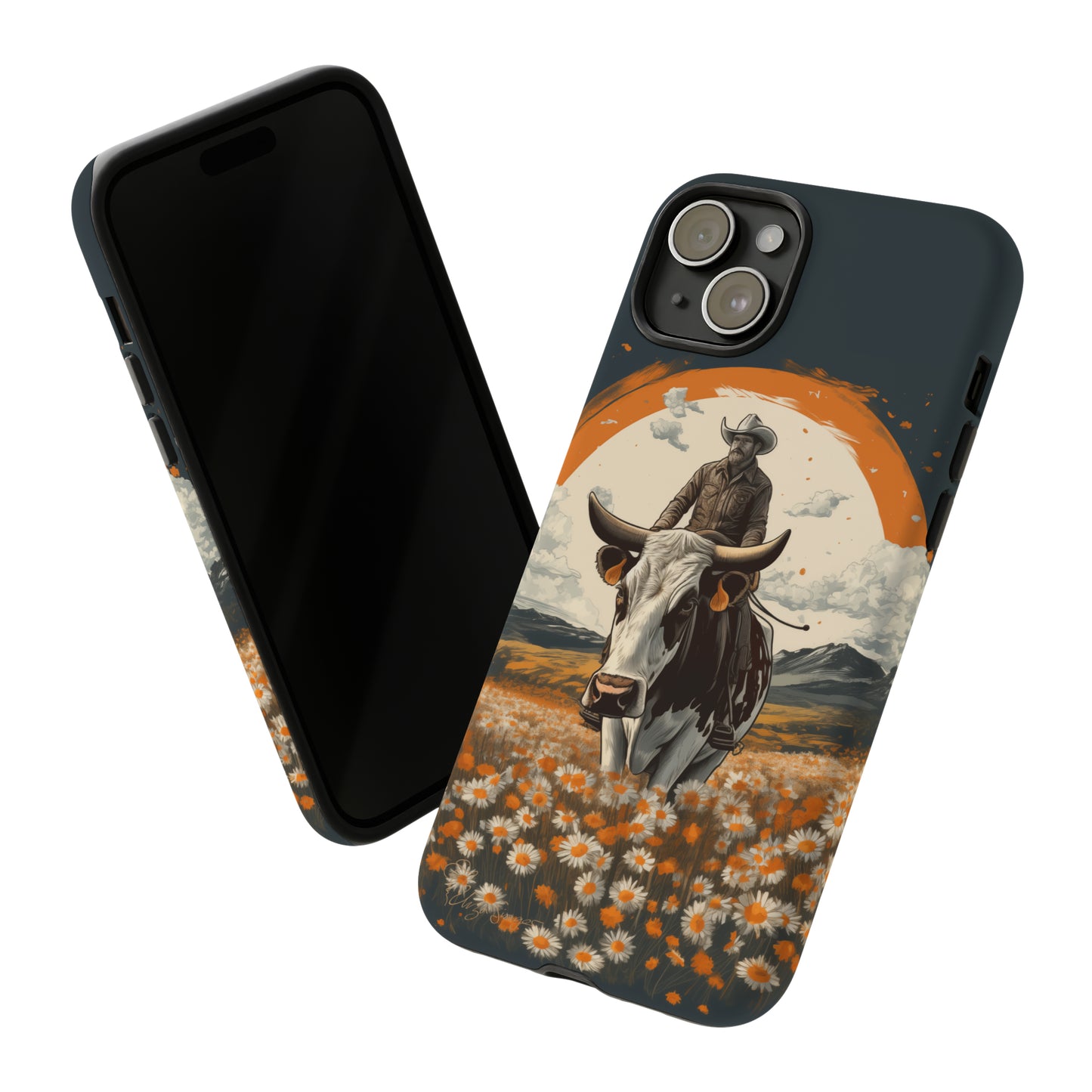 Meet 'Rugged Wrangler': Introducing our Tough Western Cell Phone Case. This unique design seamlessly combines rugged protection with a touch of whimsy, showcasing a fearless cowboy astride a dairy cow amidst a field of vibrant daisies. Elevate your style with this adventurous and protective accessory. #ElizaSinger #PhoneCase #RuggedWrangler