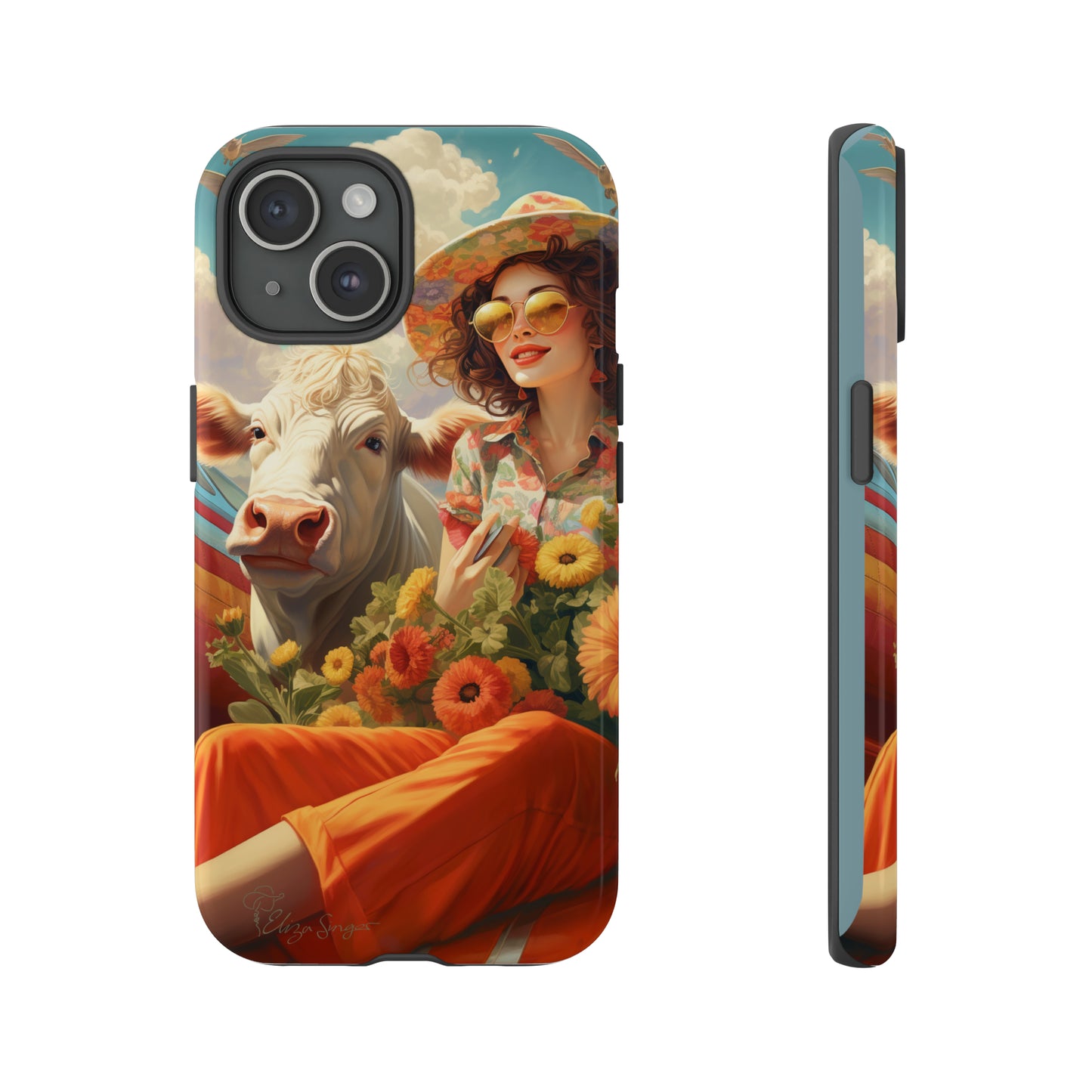 Timeless Retro Charm: Step back in time with our Tough Western Cell Phone Case. Featuring a vintage and bright design, a woman in a hat with daisies is accompanied by a cow looking over her shoulder. Experience the perfect blend of retro aesthetics and durability. Elevate your style with a touch of nostalgia. #ElizaSinger #PhoneCase #RetroStyle