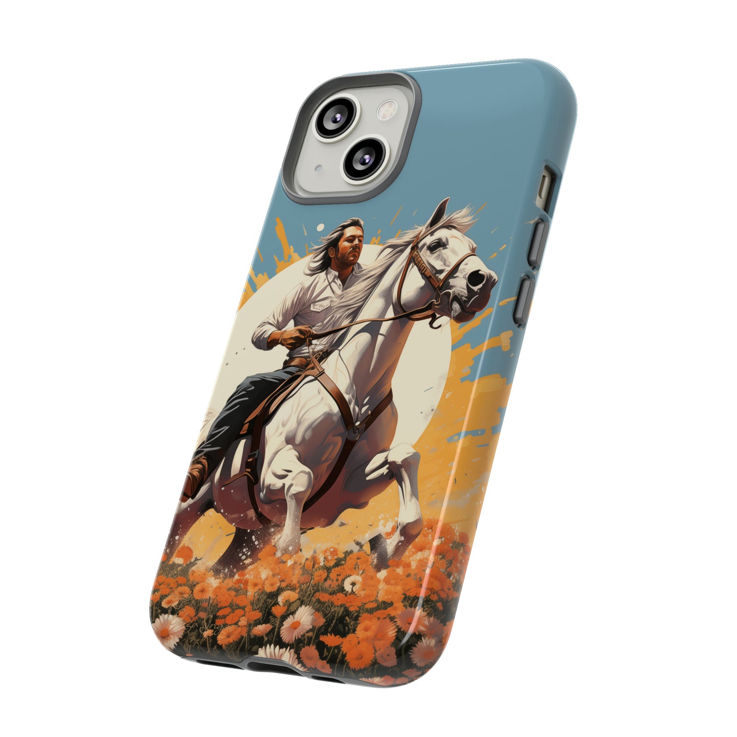 Retro Radiance Unleashed: Behold our Tough Western Cell Phone Case, featuring a vintage white horse and male rider on a vibrant turquoise backdrop. Set in a field of flowers with the sun casting a warm glow, this edition seamlessly blends style with protection. Embrace the past with this retro and stylish accessory. #ElizaSinger #PhoneCase #RetroRadiance