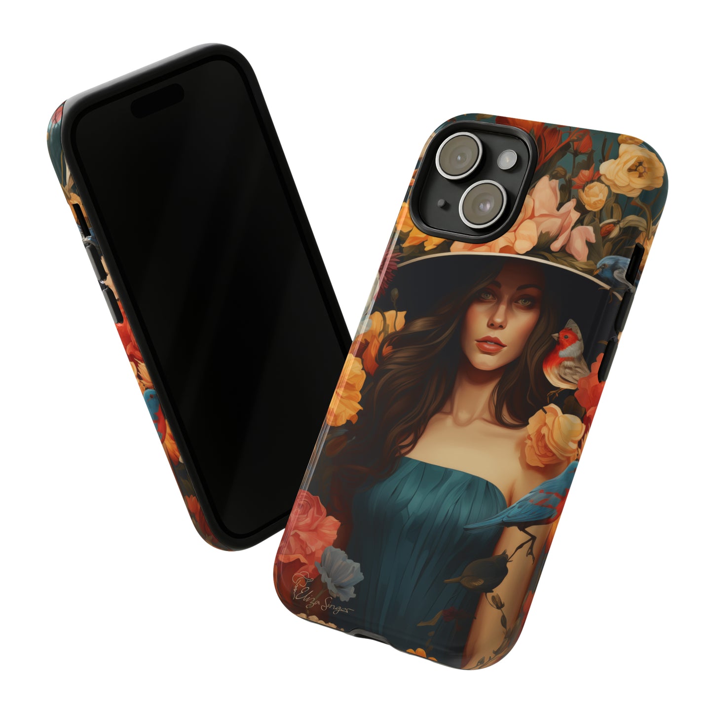 Dark Elegance Unveiled: Explore our Tough Cell Phone Case with a captivating dark background and a woman adorned with a hat amid blooming flowers. This edition seamlessly blends sophistication with robust protection, showcasing the allure of dark elegance. Elevate your style and shield your device. #ElizaSinger #PhoneCase #ElegantProtection