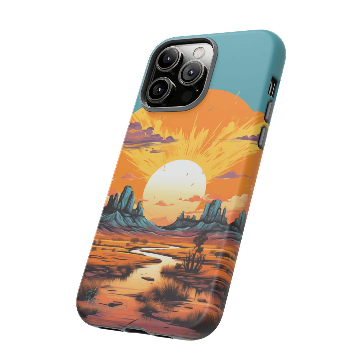 Introducing our Tough Western Cell Phone Case: Turquoise Twilight Oasis Edition! This captivating design showcases a serene landscape with a turquoise background and a mesmerizing setting sun. Enjoy the perfect blend of rugged protection and artistic flair.