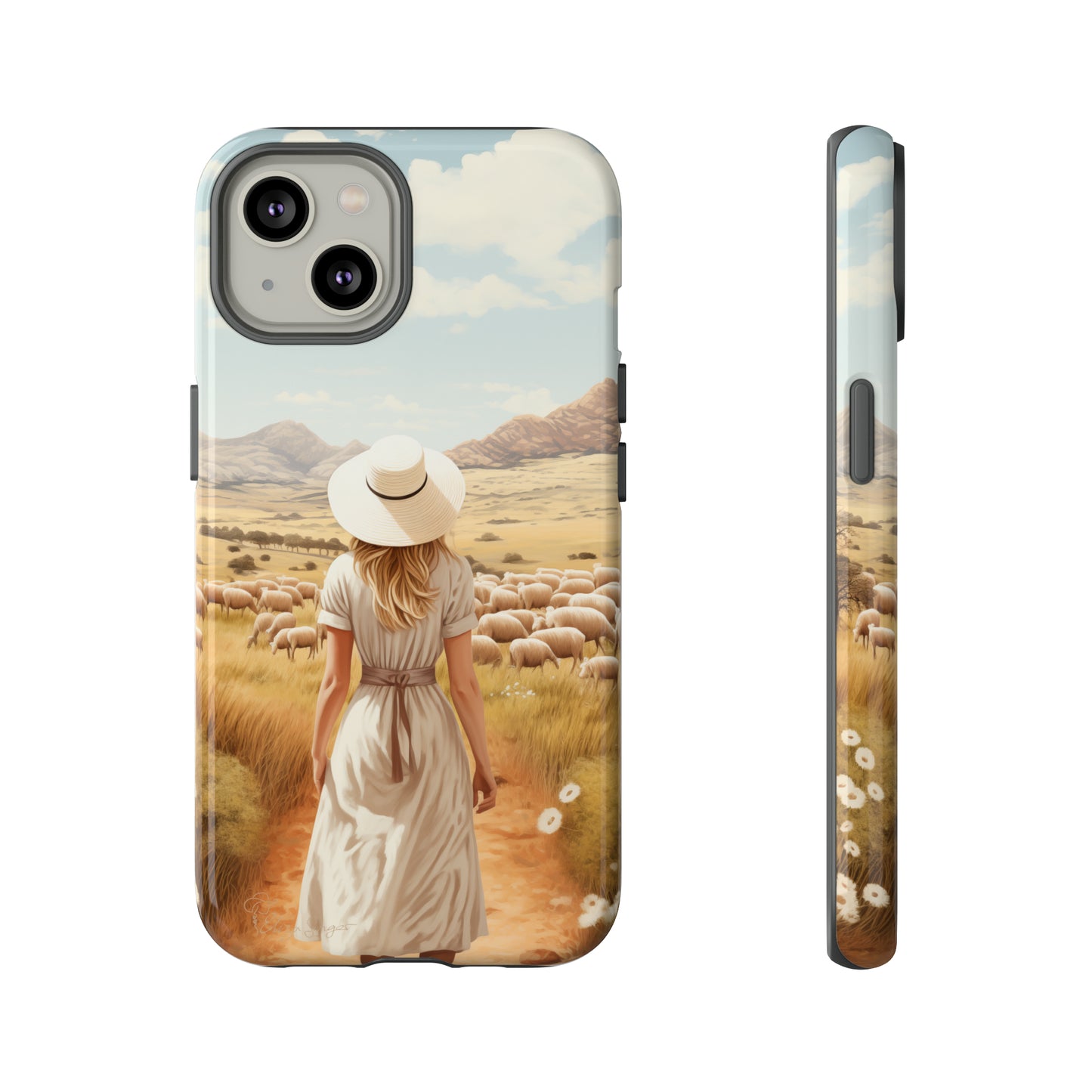 Dreamy Nostalgia: Immerse yourself in a vintage painted landscape with our Tough Western Cell Phone Case. Adorned with a woman in a hat strolling through a prairie with sheep, this edition captures the magic of the past. Elevate your phone with timeless charm. #ElizaSinger #PhoneCase