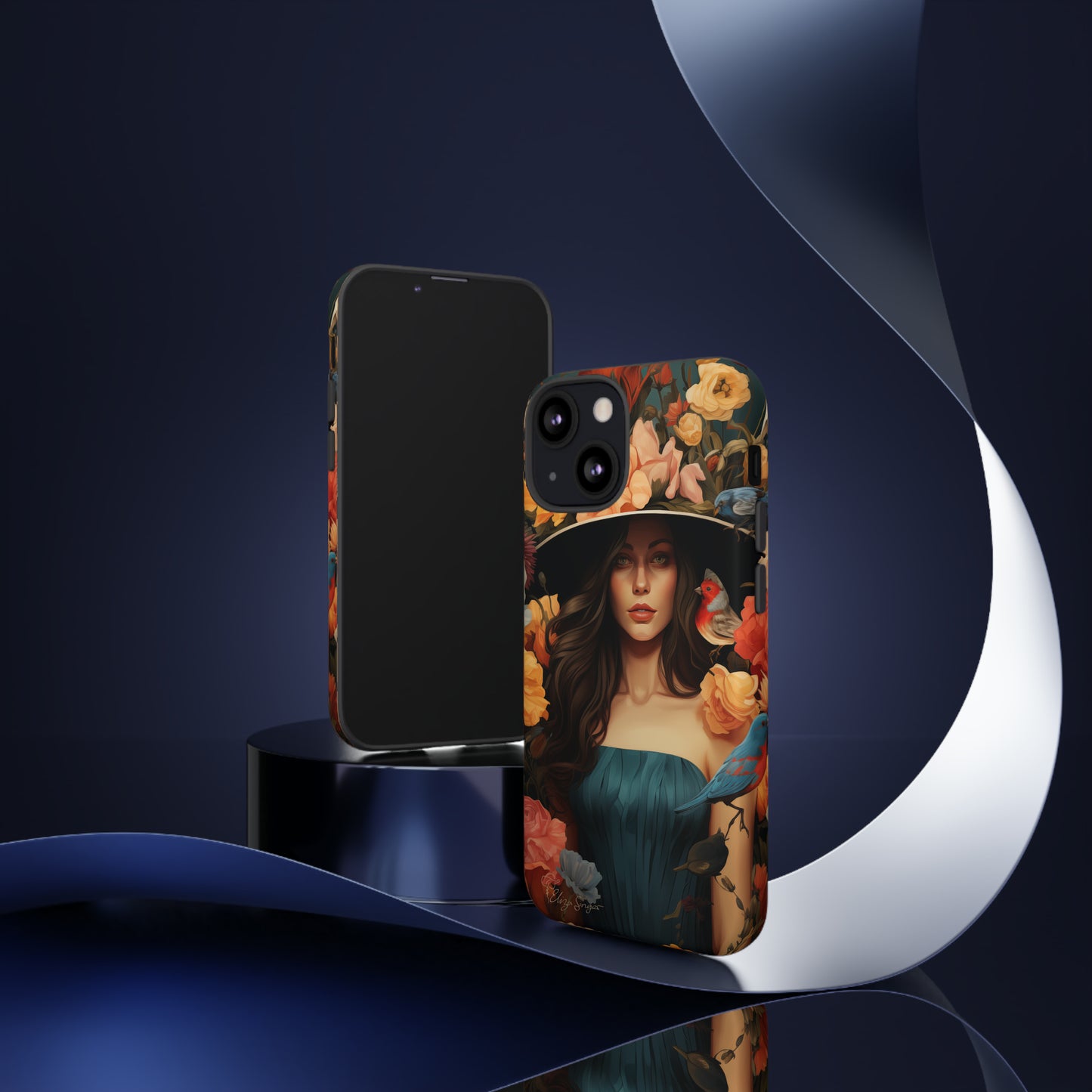 Dark Elegance Unveiled: Explore our Tough Cell Phone Case with a captivating dark background and a woman adorned with a hat amid blooming flowers. This edition seamlessly blends sophistication with robust protection, showcasing the allure of dark elegance. Elevate your style and shield your device. #ElizaSinger #PhoneCase #ElegantProtection