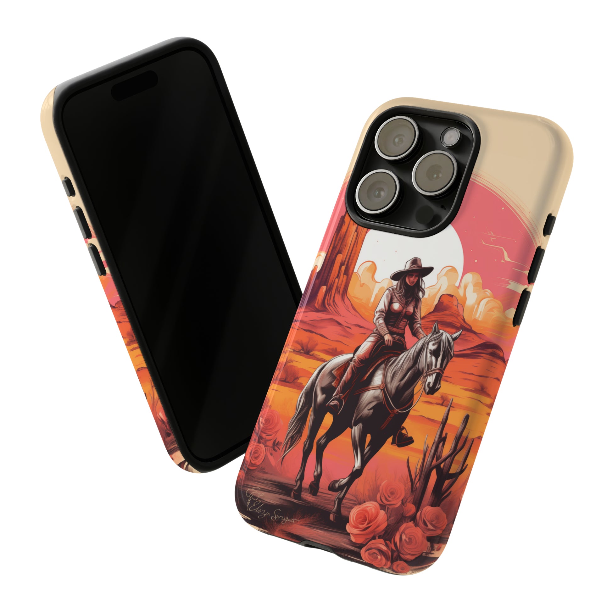 Feminine Adventure Unleashed: Introducing our Tough Western Cell Phone Case, adorned with a stunning design of a cowgirl riding a horse through the desert, surrounded by shades of coral. This unique edition seamlessly combines rugged protection with a touch of feminine flair. Elevate your style with a dash of adventurous charm. #ElizaSinger #PhoneCase #FeminineAdventure