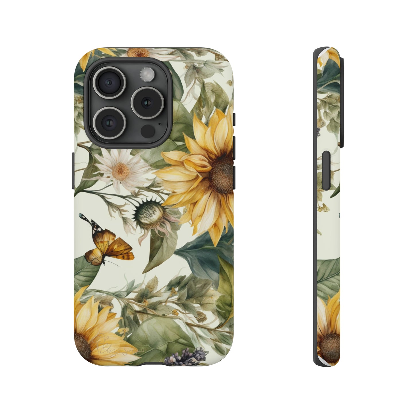 Bask in Sunshine: Beautiful Sunflower Floral iPhone Tough Protective Cover. A charming blend of Flower and Sunflowers in a cottage core style, compatible with iPhone 15, 14, 13, XS, XR Pro/Max/Mini/P/Plus. Elevate Your Device with Nature's Beauty and Durability. #ElizaSinger #PhoneCase #FloralDesign