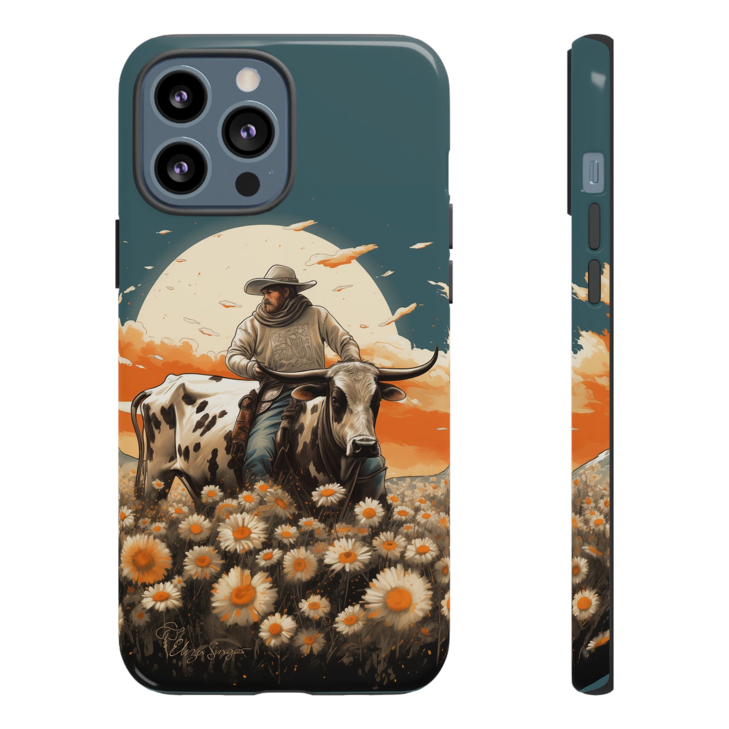 Harmony of Contrasts: Dive into our Tough Cell Phone Case, a visual symphony featuring a bullrider on a black and white dairy cow amidst a vibrant field of flowers. This edition effortlessly merges toughness with artistic flair, offering a unique and captivating contrast. Elevate your phone with rugged elegance. #ElizaSinger #PhoneCase #ContrastHarmony