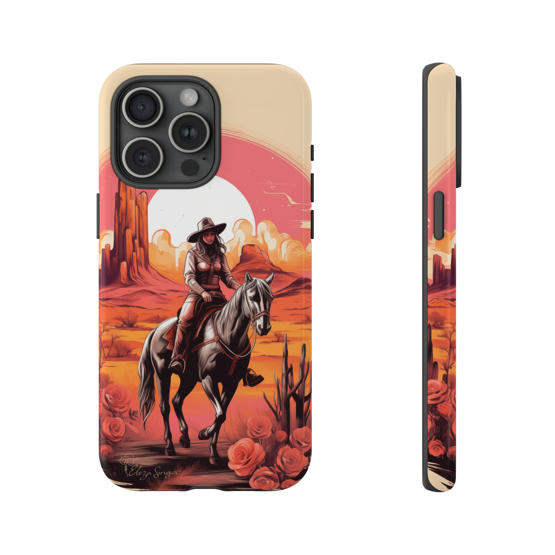 Feminine Adventure Unleashed: Introducing our Tough Western Cell Phone Case, adorned with a stunning design of a cowgirl riding a horse through the desert, surrounded by shades of coral. This unique edition seamlessly combines rugged protection with a touch of feminine flair. Elevate your style with a dash of adventurous charm. #ElizaSinger #PhoneCase #FeminineAdventure