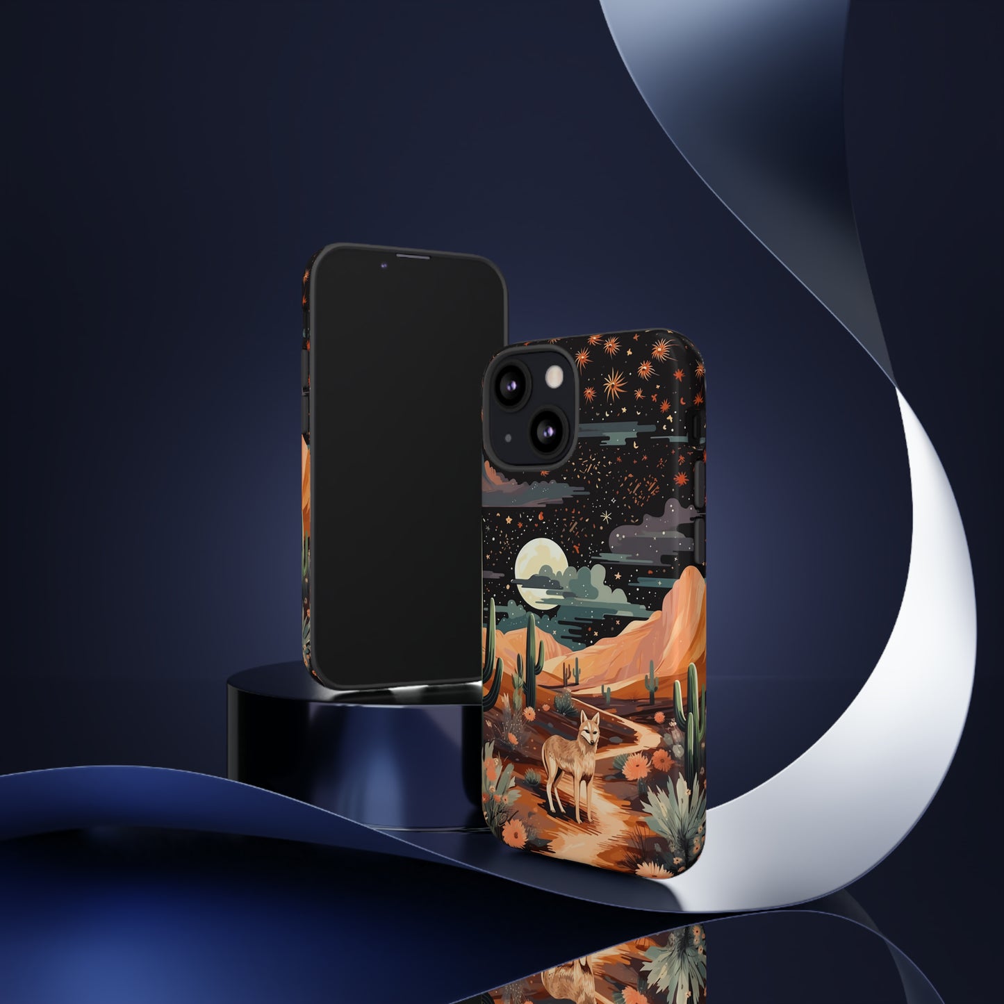 Unveiling our Tough Western Cell Phone Case: Stellar Desert Jackal Edition! Embrace the beauty of the night with a jackal in a desert landscape, under a starry sky, surrounded by cacti. This case provides rugged protection with a touch of celestial elegance.