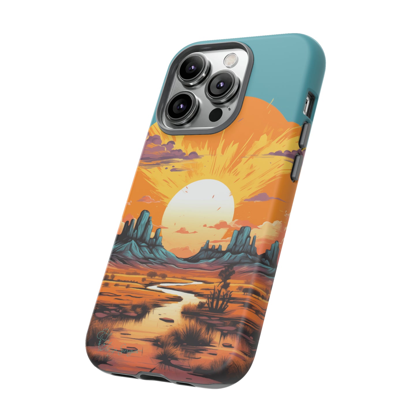 Introducing our Tough Western Cell Phone Case: Turquoise Twilight Oasis Edition! This captivating design showcases a serene landscape with a turquoise background and a mesmerizing setting sun. Enjoy the perfect blend of rugged protection and artistic flair.