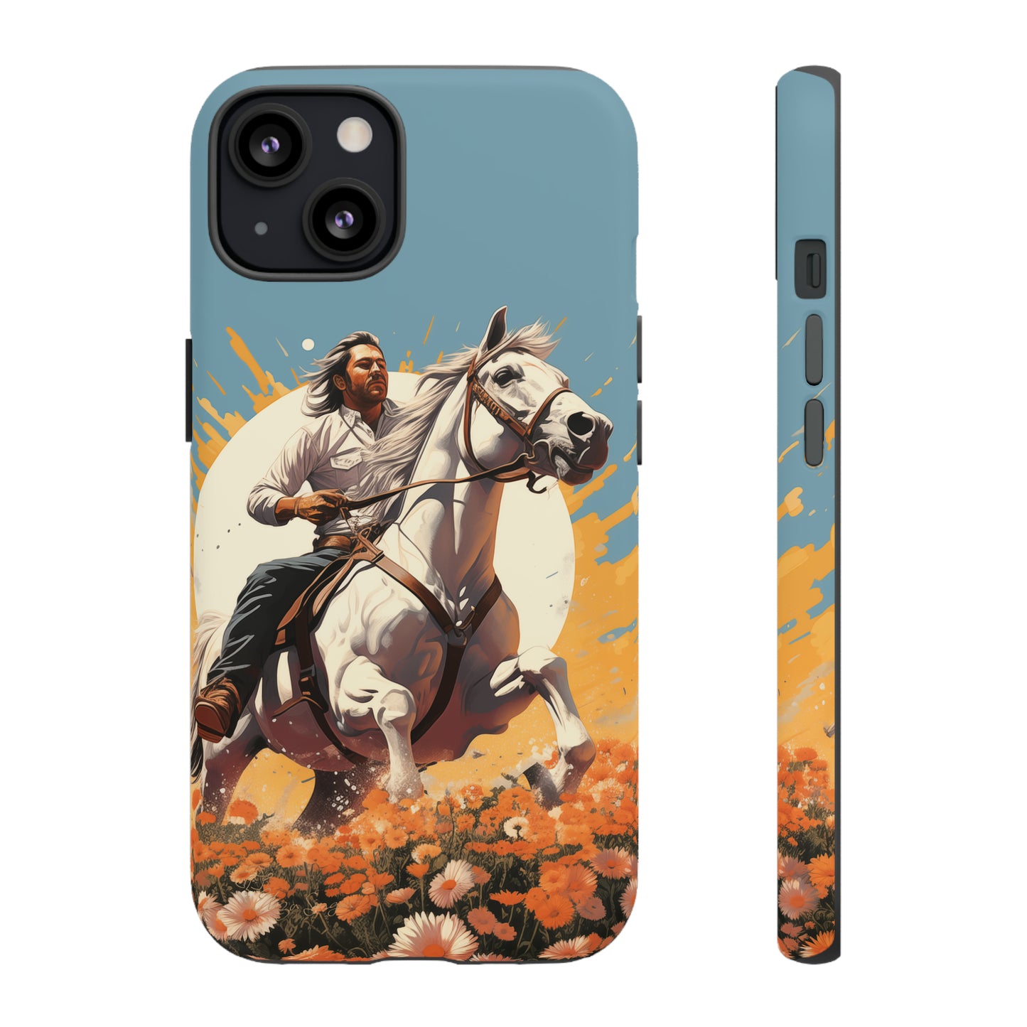 Retro Radiance Unleashed: Behold our Tough Western Cell Phone Case, featuring a vintage white horse and male rider on a vibrant turquoise backdrop. Set in a field of flowers with the sun casting a warm glow, this edition seamlessly blends style with protection. Embrace the past with this retro and stylish accessory. #ElizaSinger #PhoneCase #RetroRadiance