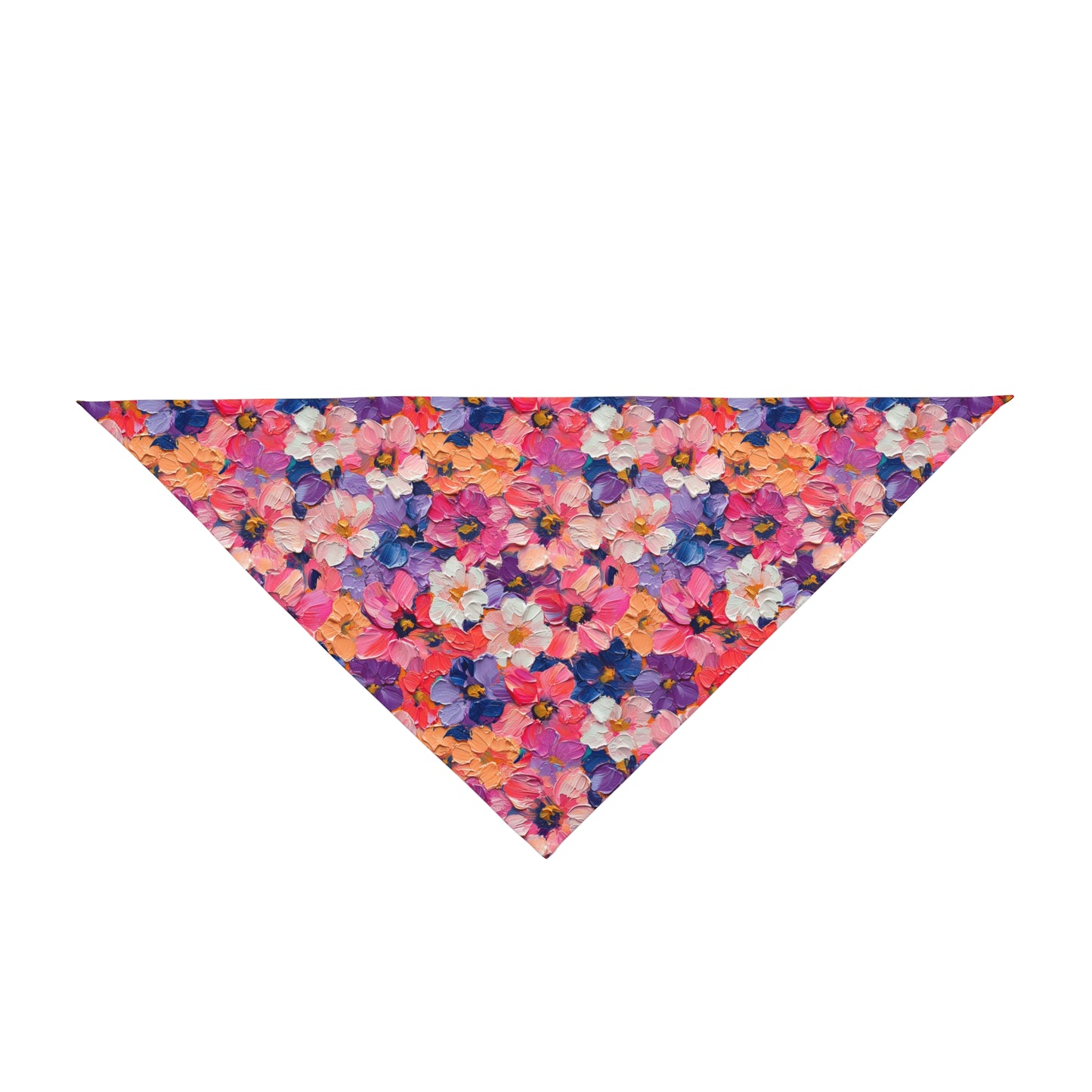 Unleash your dog's inner artist with our Artistic Bloom Dog Bandana/Wild Rag. The oil-painted flowers create a unique and vibrant look. Crafted from soft-spun polyester, this wild rag ensures comfort and style. Elevate your pup's fashion with this exclusive design, available only at Eliza Singer.