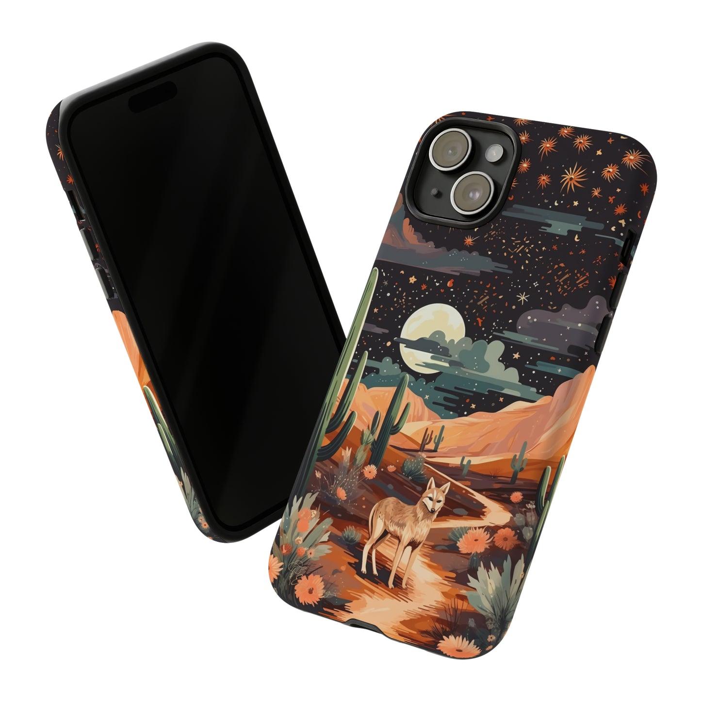 Introducing our Tough Western Cell Phone Case: Twilight Desert Jackal Remix Edition! A variation of our popular design, this edition features a jackal in a desert landscape with a starry night sky and cacti. Get ready for a unique twist on classic rugged protection.