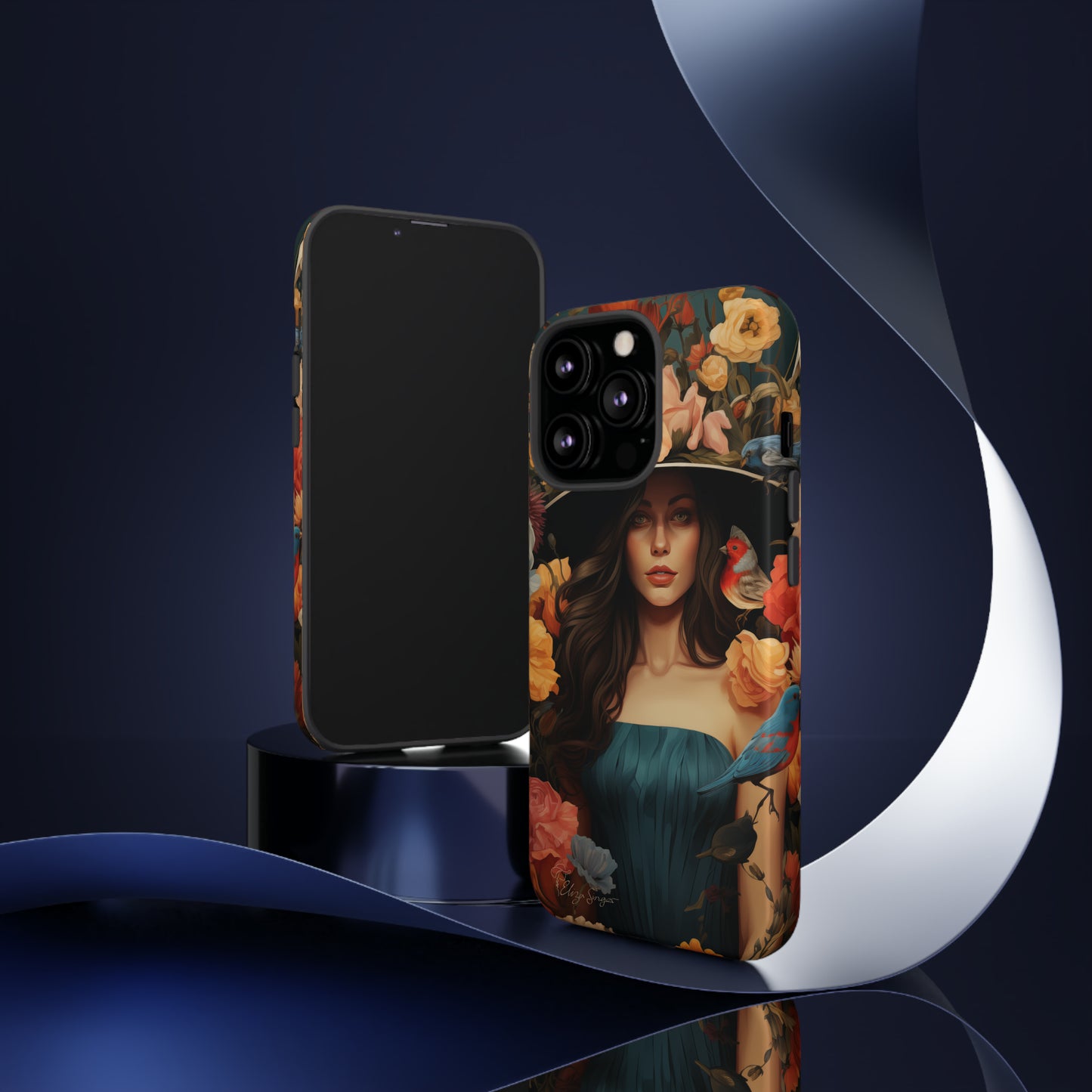 Dark Elegance Unveiled: Explore our Tough Cell Phone Case with a captivating dark background and a woman adorned with a hat amid blooming flowers. This edition seamlessly blends sophistication with robust protection, showcasing the allure of dark elegance. Elevate your style and shield your device. #ElizaSinger #PhoneCase #ElegantProtection