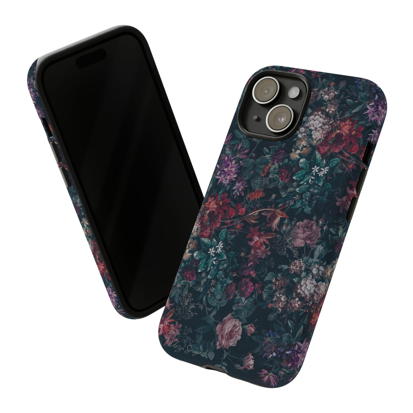 Blooms in Shadows: Botany Floral Dark iPhone Tough Protective Cover. A captivating blend of Flowers in a muted design, compatible with iPhone 15, 14, 13, 12, 11, XS, XR Pro/Max/Mini/P/Plus. Unleash Nature's Elegance with Durability and Style. #ElizaSinger #PhoneCase #FloralDesign