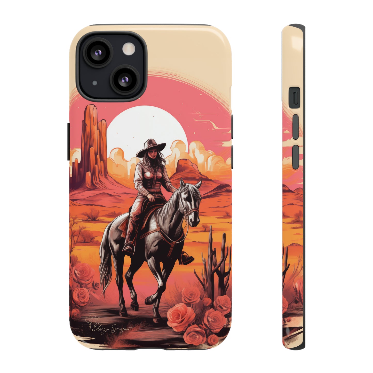 Feminine Adventure Unleashed: Introducing our Tough Western Cell Phone Case, adorned with a stunning design of a cowgirl riding a horse through the desert, surrounded by shades of coral. This unique edition seamlessly combines rugged protection with a touch of feminine flair. Elevate your style with a dash of adventurous charm. #ElizaSinger #PhoneCase #FeminineAdventure