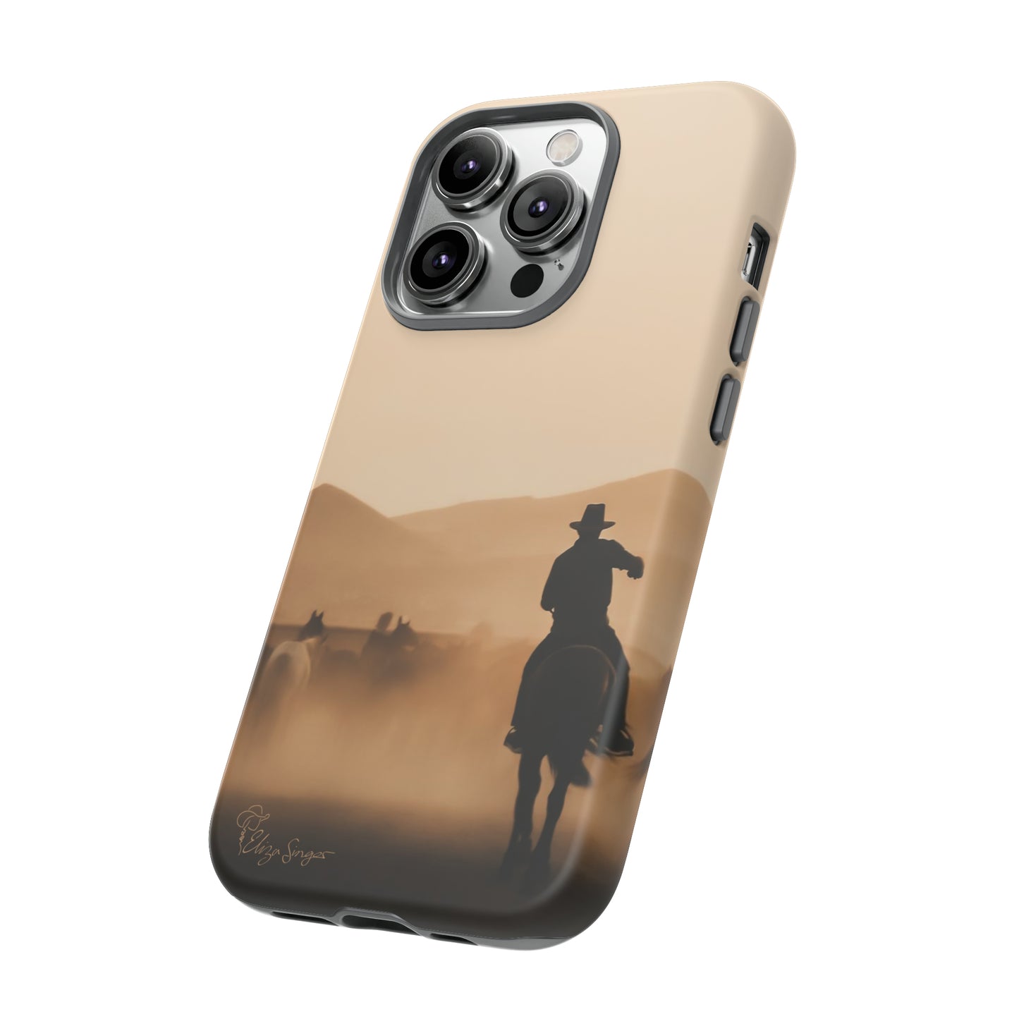 Capture the Western Spirit: Horse Art Western Photo Yellowstone Design iPhone Tough Protective Cover. Featuring a Cowboy amidst Mountains and Buckskin hues. Compatible with iPhone 15, 14, 13, XS, XR Pro/Max/Mini/P/Plus. Bring the Wild West to Your Device with Style and Durability. #ElizaSinger #PhoneCase #WesternDesign