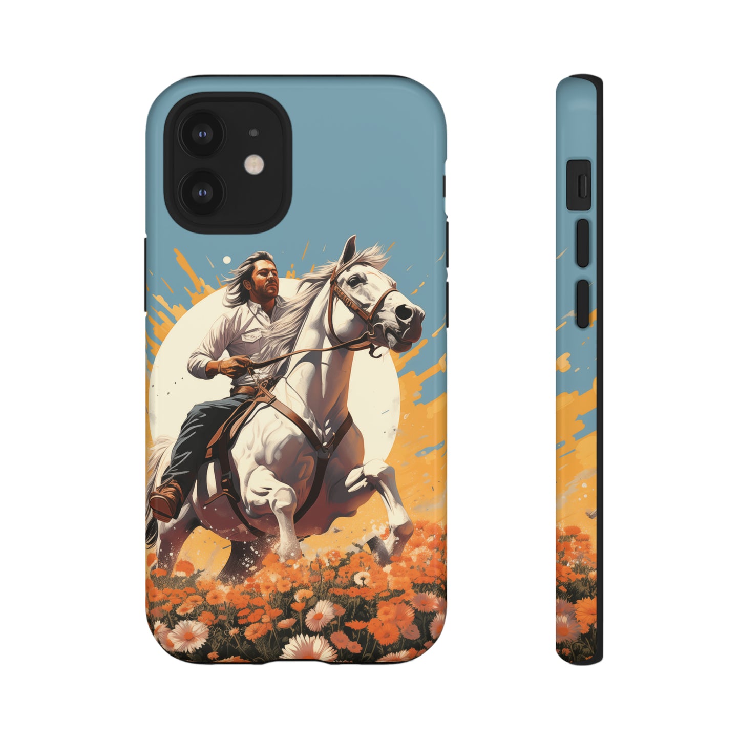 Retro Radiance Unleashed: Behold our Tough Western Cell Phone Case, featuring a vintage white horse and male rider on a vibrant turquoise backdrop. Set in a field of flowers with the sun casting a warm glow, this edition seamlessly blends style with protection. Embrace the past with this retro and stylish accessory. #ElizaSinger #PhoneCase #RetroRadiance