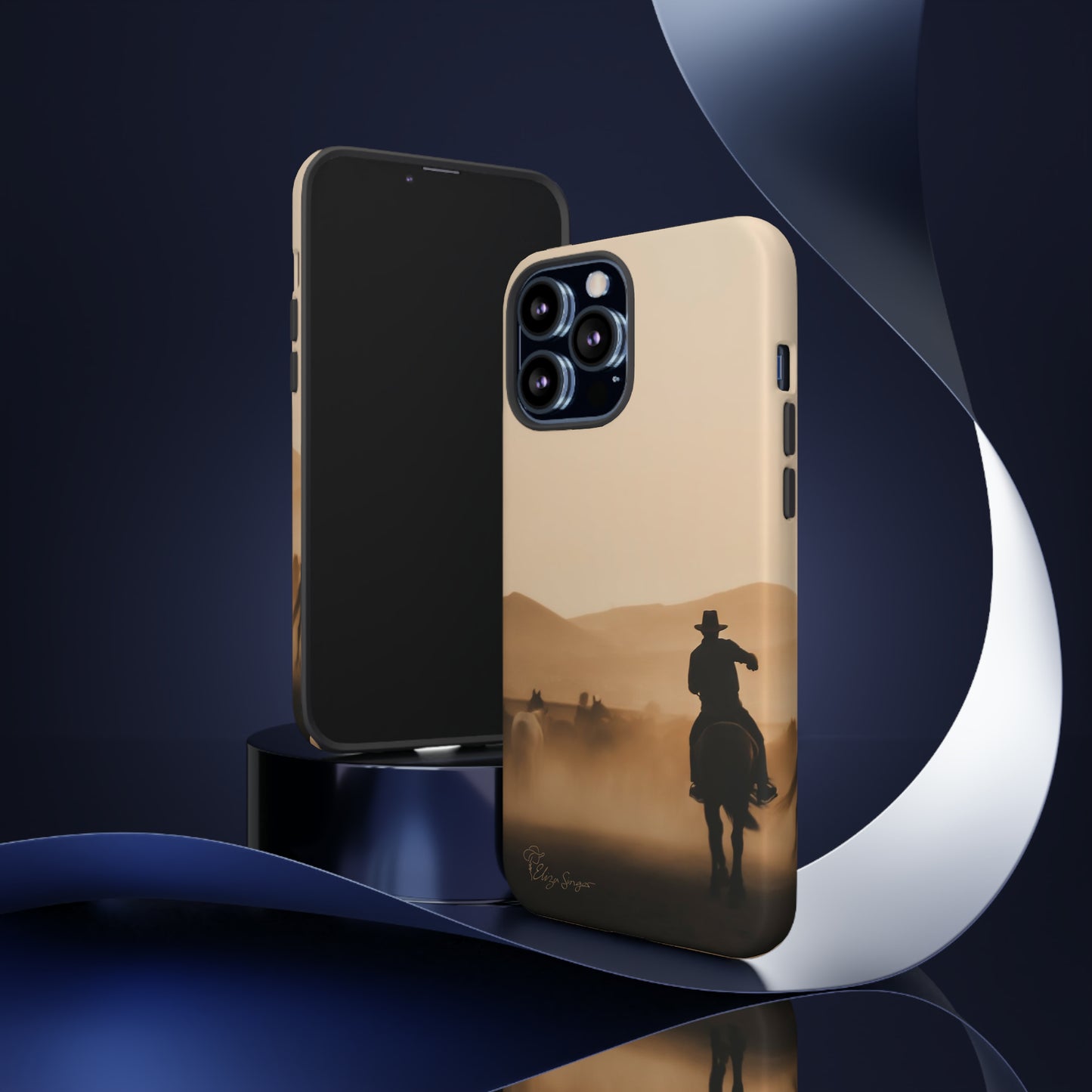 Capture the Western Spirit: Horse Art Western Photo Yellowstone Design iPhone Tough Protective Cover. Featuring a Cowboy amidst Mountains and Buckskin hues. Compatible with iPhone 15, 14, 13, XS, XR Pro/Max/Mini/P/Plus. Bring the Wild West to Your Device with Style and Durability. #ElizaSinger #PhoneCase #WesternDesign