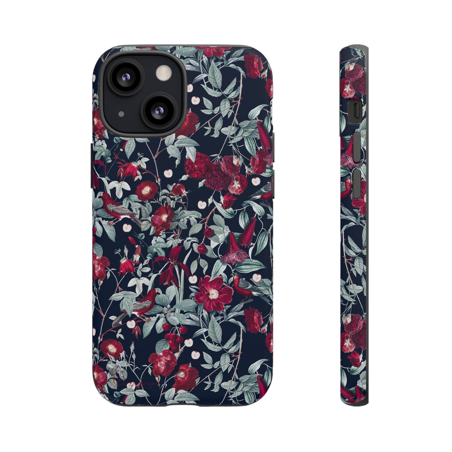 Blossom Serenade: Cherry Blossom Serenade Burgundy Navy Dark iPhone Tough Protective Cover. A captivating blend of Flowers in burgundy and navy hues, featuring a muted design. Compatible with iPhone 15, 14, 13, XS, XR Pro/Max/Mini/P/Plus. Elevate your device with this enchanting and stylish protective cover. #ElizaSinger #PhoneCase #FloralDesign