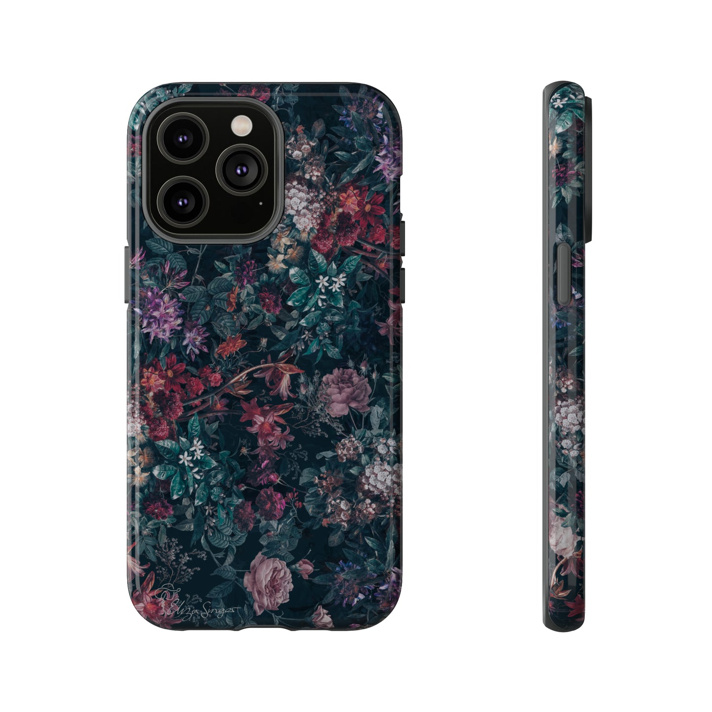 Blooms in Shadows: Botany Floral Dark iPhone Tough Protective Cover. A captivating blend of Flowers in a muted design, compatible with iPhone 15, 14, 13, 12, 11, XS, XR Pro/Max/Mini/P/Plus. Unleash Nature's Elegance with Durability and Style. #ElizaSinger #PhoneCase #FloralDesign