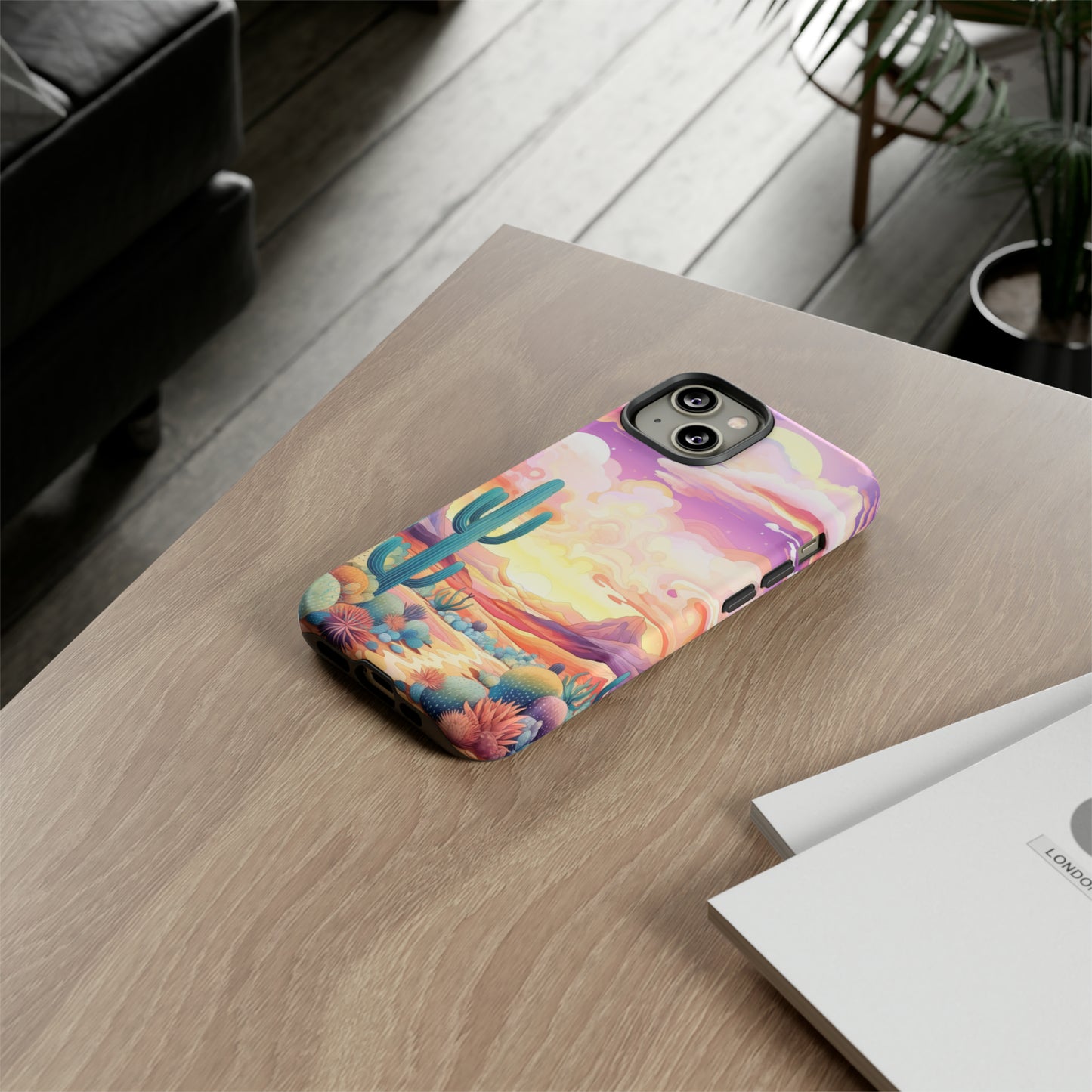 Introducing our Western Tough Cell Phone Case: Psychedelic Desert Dream Edition! Step into a surreal world with a psychedelic desert landscape, dreamy sky, and cactus. This case combines rugged protection with a touch of otherworldly charm.