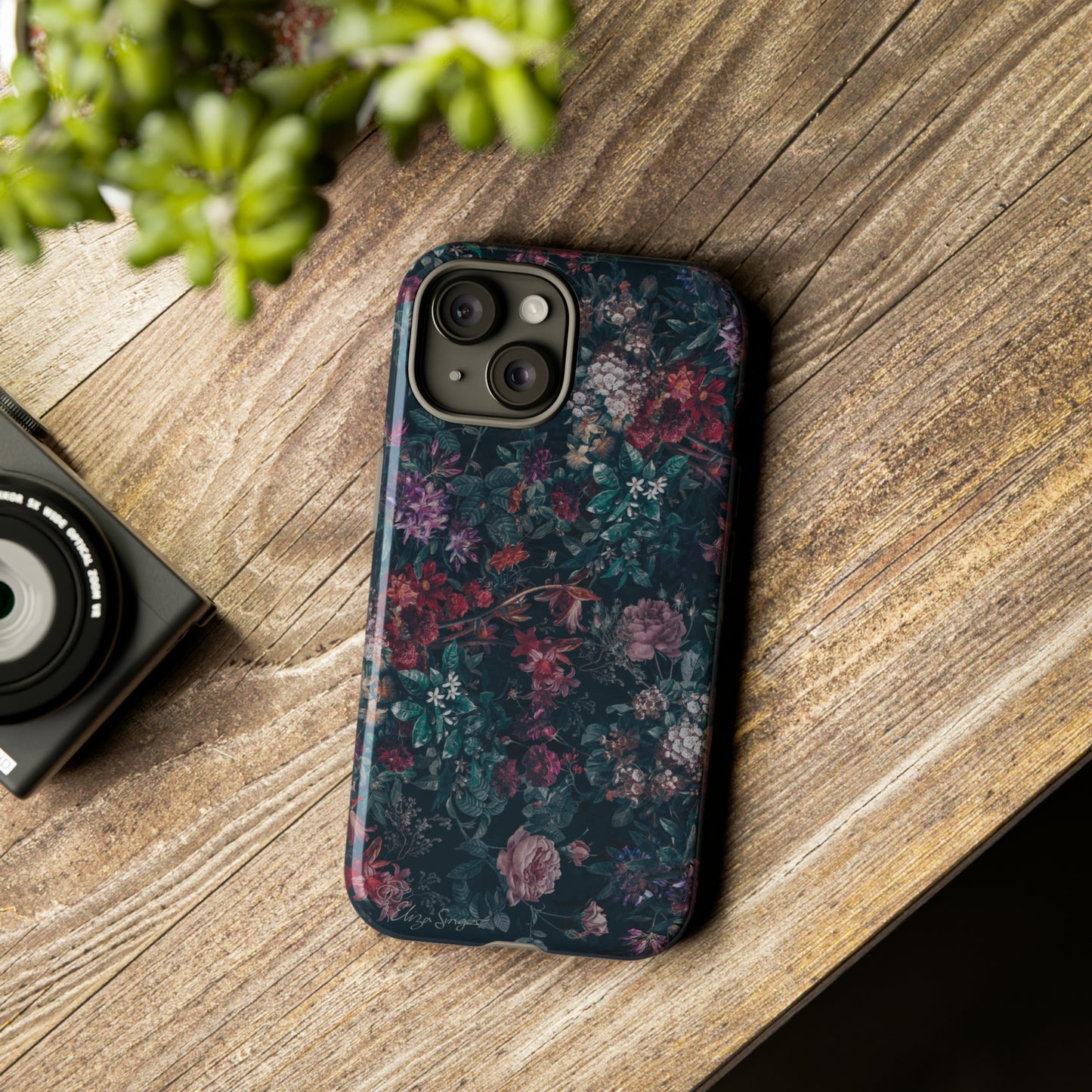 Blooms in Shadows: Botany Floral Dark iPhone Tough Protective Cover. A captivating blend of Flowers in a muted design, compatible with iPhone 15, 14, 13, 12, 11, XS, XR Pro/Max/Mini/P/Plus. Unleash Nature's Elegance with Durability and Style. #ElizaSinger #PhoneCase #FloralDesign