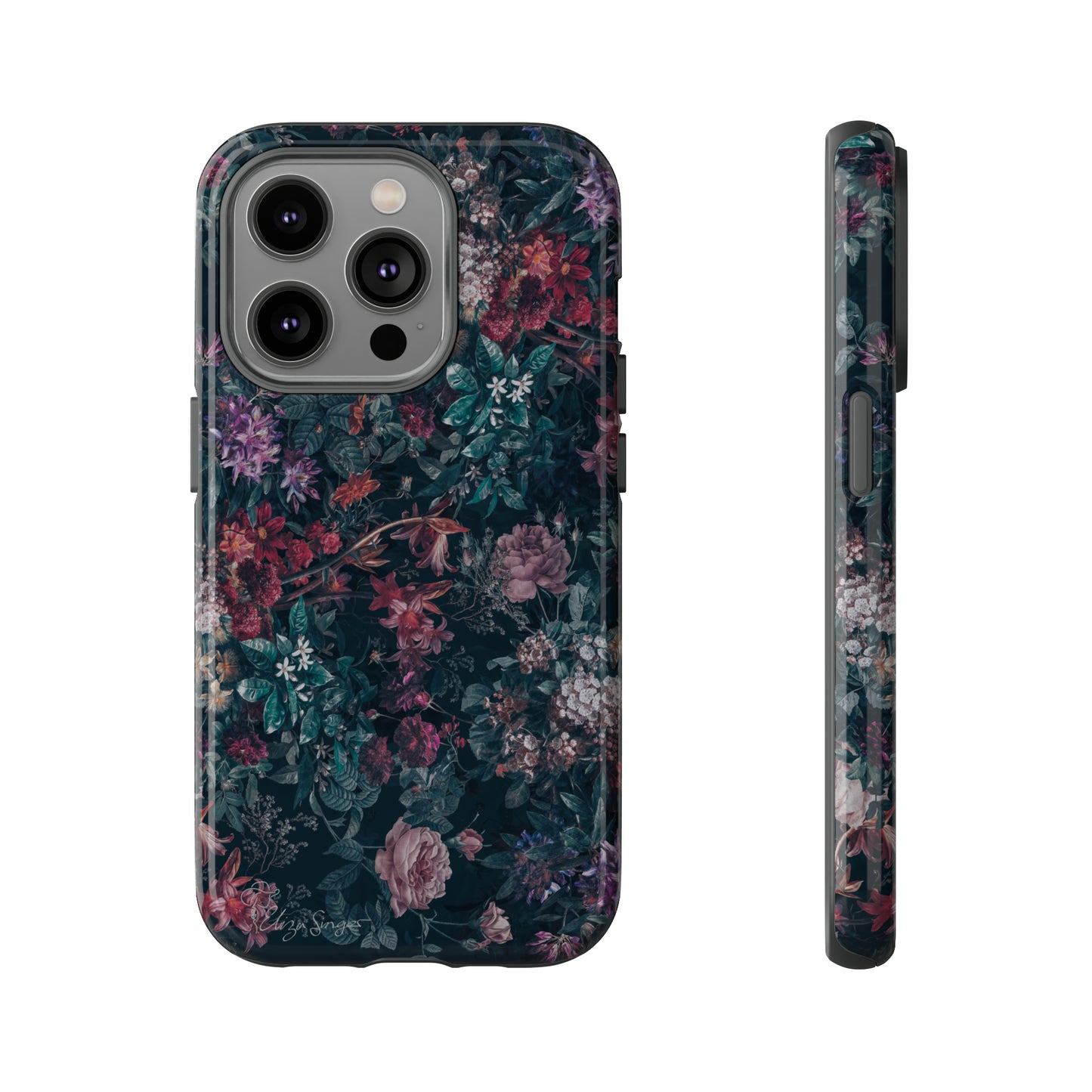 Blooms in Shadows: Botany Floral Dark iPhone Tough Protective Cover. A captivating blend of Flowers in a muted design, compatible with iPhone 15, 14, 13, 12, 11, XS, XR Pro/Max/Mini/P/Plus. Unleash Nature's Elegance with Durability and Style. #ElizaSinger #PhoneCase #FloralDesign