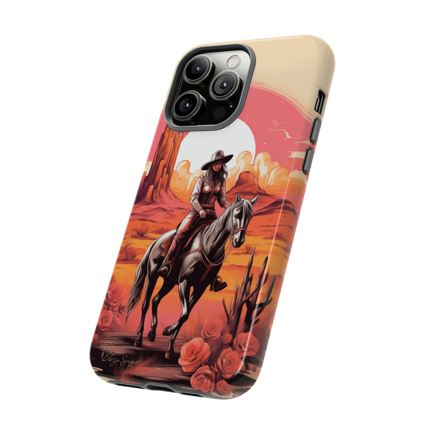Feminine Adventure Unleashed: Introducing our Tough Western Cell Phone Case, adorned with a stunning design of a cowgirl riding a horse through the desert, surrounded by shades of coral. This unique edition seamlessly combines rugged protection with a touch of feminine flair. Elevate your style with a dash of adventurous charm. #ElizaSinger #PhoneCase #FeminineAdventure