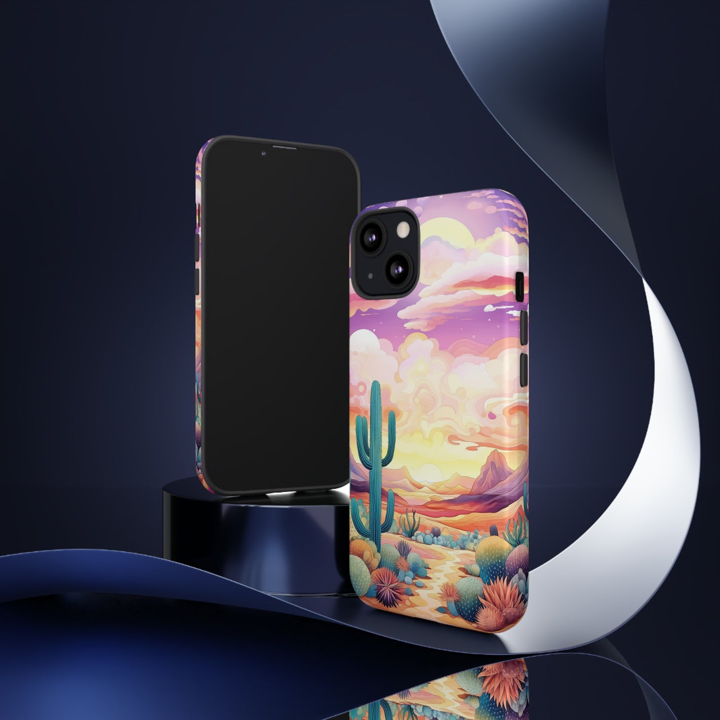 Introducing our Western Tough Cell Phone Case: Psychedelic Desert Dream Edition! Step into a surreal world with a psychedelic desert landscape, dreamy sky, and cactus. This case combines rugged protection with a touch of otherworldly charm.