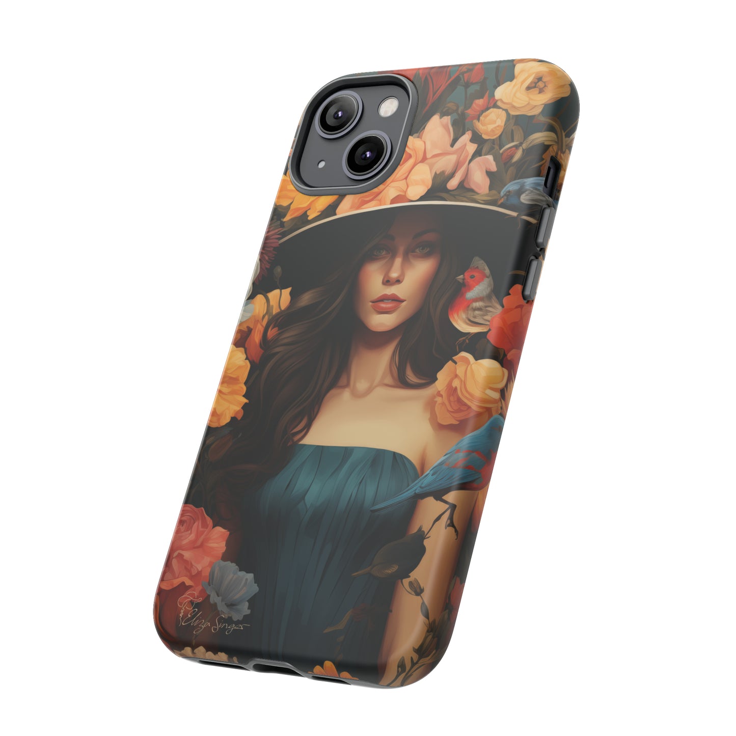 Dark Elegance Unveiled: Explore our Tough Cell Phone Case with a captivating dark background and a woman adorned with a hat amid blooming flowers. This edition seamlessly blends sophistication with robust protection, showcasing the allure of dark elegance. Elevate your style and shield your device. #ElizaSinger #PhoneCase #ElegantProtection