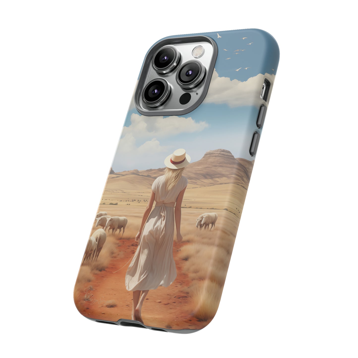 Serenity in Hand: Our Tough Western Cell Phone Case invites you to experience tranquility. A vintage painted design portrays a woman in a skirt and hat walking on a dirt road through a prairie, with grazing sheep. Let the vanishing horizon captivate your senses. Elevate your phone with timeless beauty. #ElizaSinger #PhoneCase