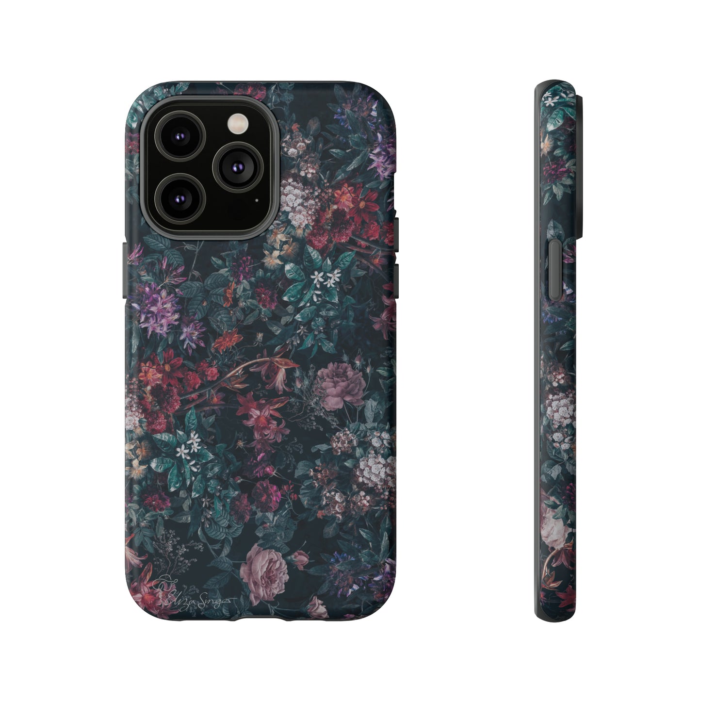 Blooms in Shadows: Botany Floral Dark iPhone Tough Protective Cover. A captivating blend of Flowers in a muted design, compatible with iPhone 15, 14, 13, 12, 11, XS, XR Pro/Max/Mini/P/Plus. Unleash Nature's Elegance with Durability and Style. #ElizaSinger #PhoneCase #FloralDesign