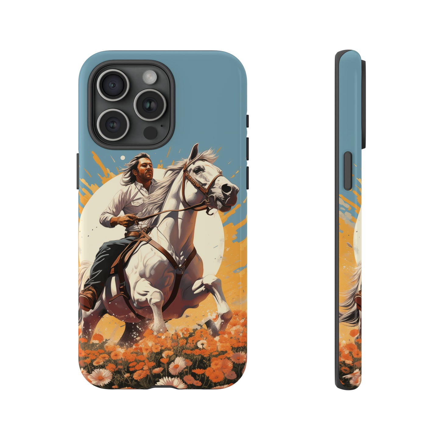 Retro Radiance Unleashed: Behold our Tough Western Cell Phone Case, featuring a vintage white horse and male rider on a vibrant turquoise backdrop. Set in a field of flowers with the sun casting a warm glow, this edition seamlessly blends style with protection. Embrace the past with this retro and stylish accessory. #ElizaSinger #PhoneCase #RetroRadiance