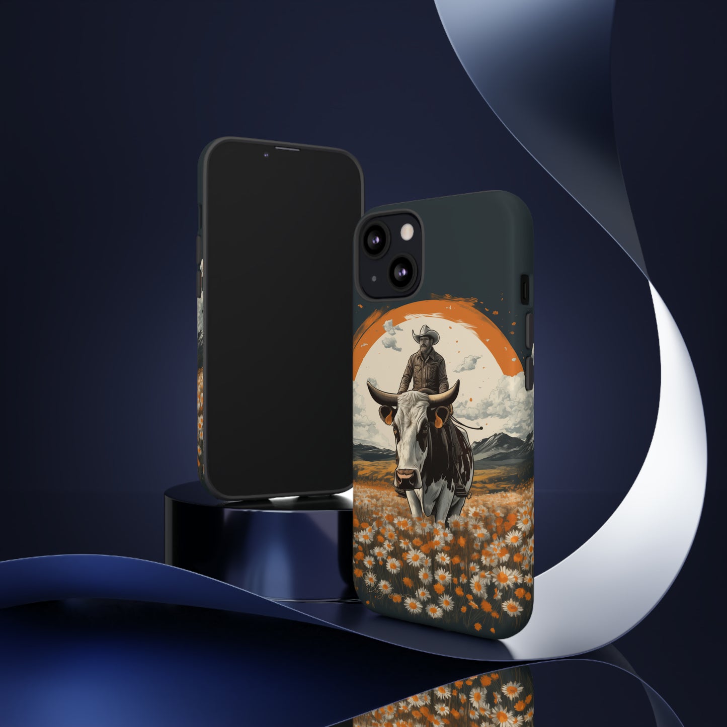 Meet 'Rugged Wrangler': Introducing our Tough Western Cell Phone Case. This unique design seamlessly combines rugged protection with a touch of whimsy, showcasing a fearless cowboy astride a dairy cow amidst a field of vibrant daisies. Elevate your style with this adventurous and protective accessory. #ElizaSinger #PhoneCase #RuggedWrangler