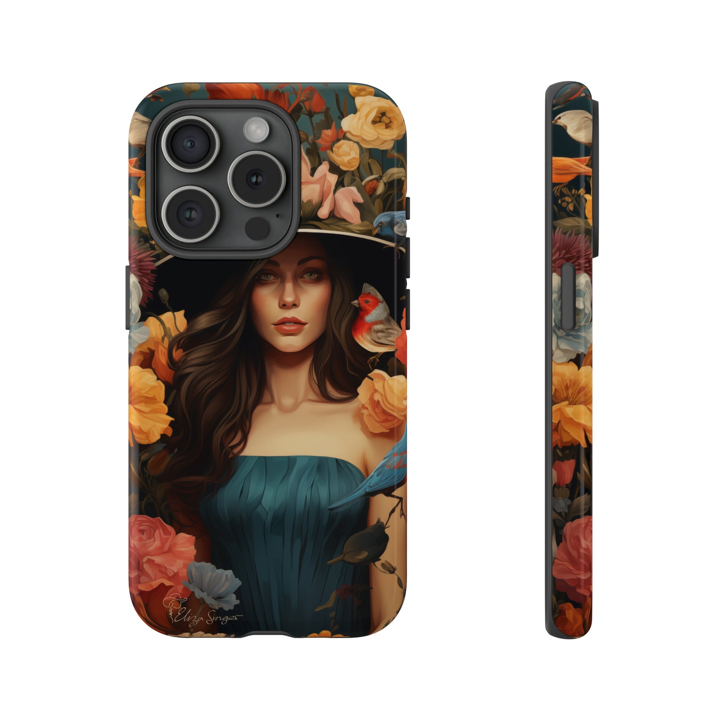 Dark Elegance Unveiled: Explore our Tough Cell Phone Case with a captivating dark background and a woman adorned with a hat amid blooming flowers. This edition seamlessly blends sophistication with robust protection, showcasing the allure of dark elegance. Elevate your style and shield your device. #ElizaSinger #PhoneCase #ElegantProtection
