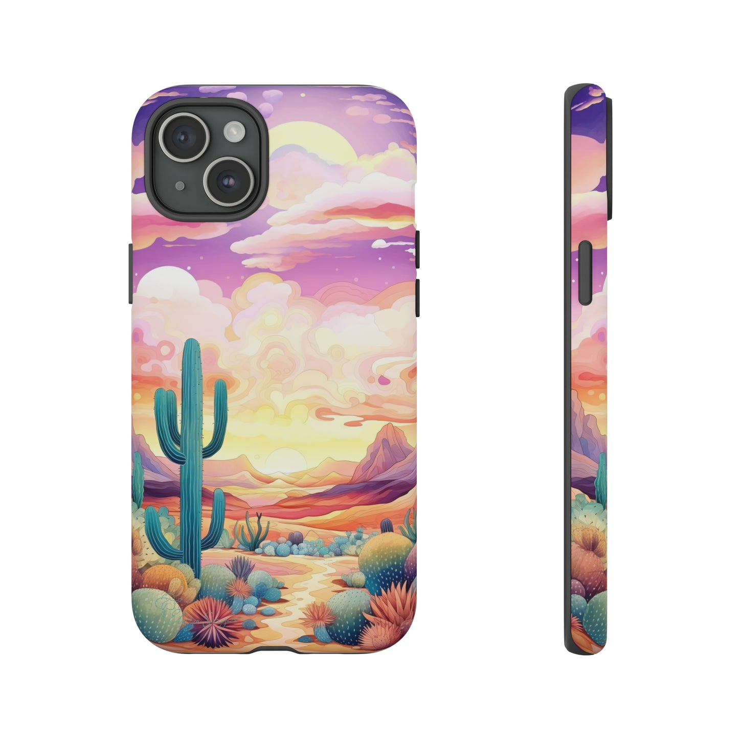 Introducing our Western Tough Cell Phone Case: Psychedelic Desert Dream Edition! Step into a surreal world with a psychedelic desert landscape, dreamy sky, and cactus. This case combines rugged protection with a touch of otherworldly charm.