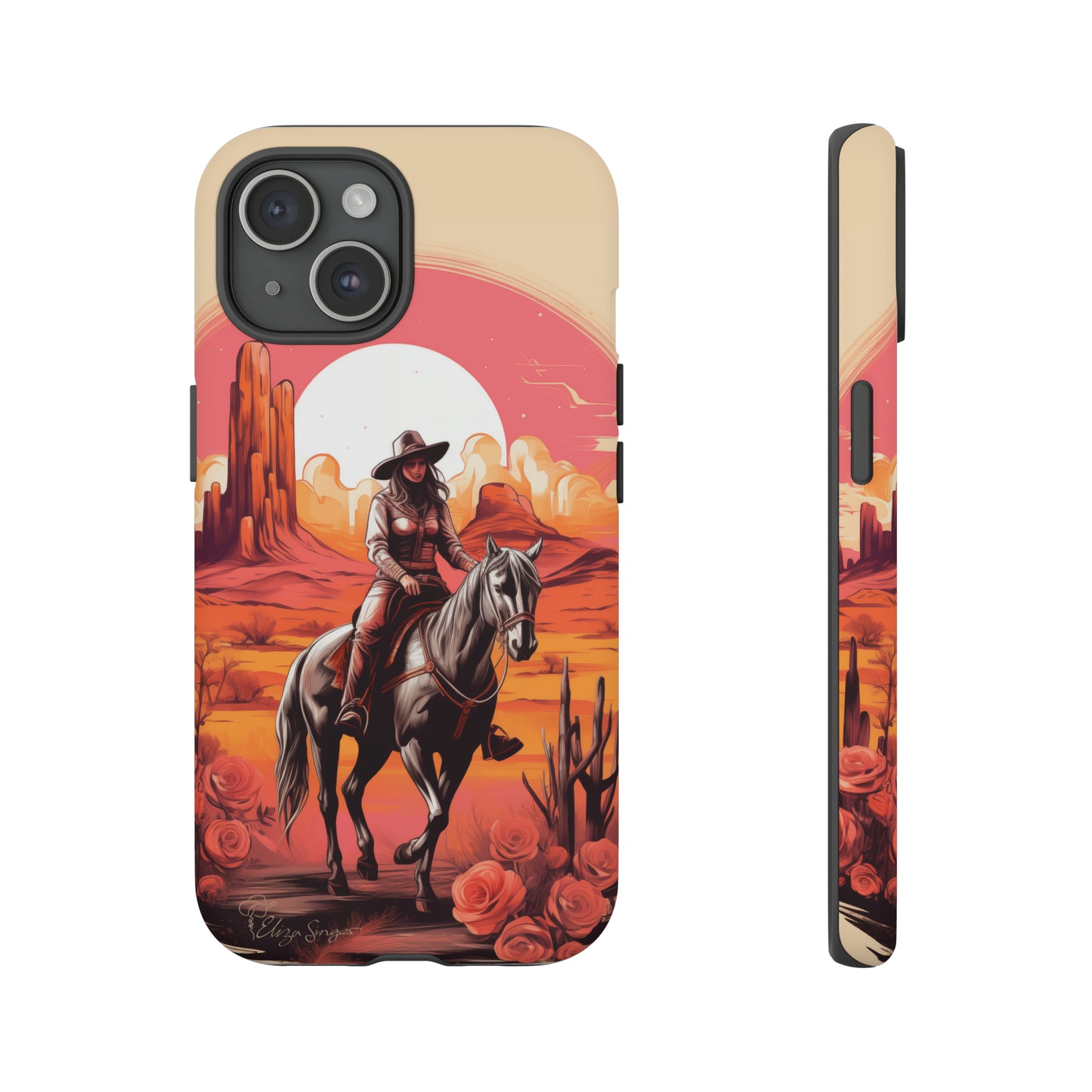 Feminine Adventure Unleashed: Introducing our Tough Western Cell Phone Case, adorned with a stunning design of a cowgirl riding a horse through the desert, surrounded by shades of coral. This unique edition seamlessly combines rugged protection with a touch of feminine flair. Elevate your style with a dash of adventurous charm. #ElizaSinger #PhoneCase #FeminineAdventure
