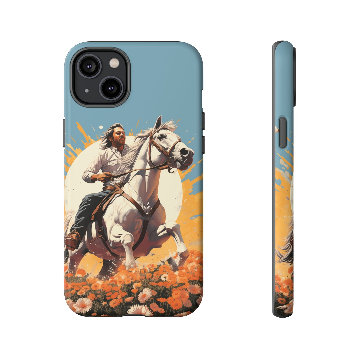 Retro Radiance Unleashed: Behold our Tough Western Cell Phone Case, featuring a vintage white horse and male rider on a vibrant turquoise backdrop. Set in a field of flowers with the sun casting a warm glow, this edition seamlessly blends style with protection. Embrace the past with this retro and stylish accessory. #ElizaSinger #PhoneCase #RetroRadiance