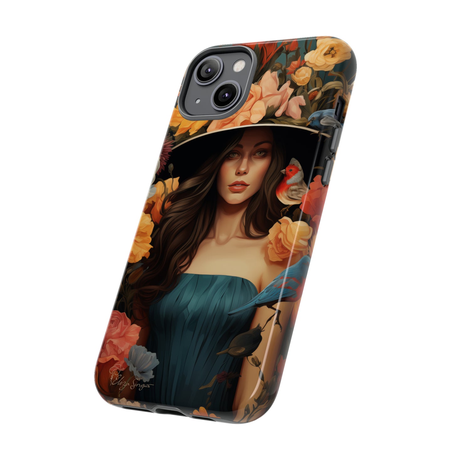 Dark Elegance Unveiled: Explore our Tough Cell Phone Case with a captivating dark background and a woman adorned with a hat amid blooming flowers. This edition seamlessly blends sophistication with robust protection, showcasing the allure of dark elegance. Elevate your style and shield your device. #ElizaSinger #PhoneCase #ElegantProtection