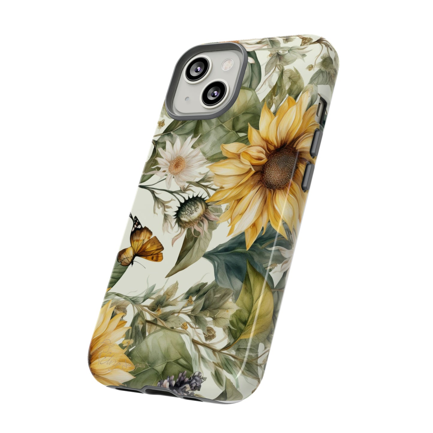 Bask in Sunshine: Beautiful Sunflower Floral iPhone Tough Protective Cover. A charming blend of Flower and Sunflowers in a cottage core style, compatible with iPhone 15, 14, 13, XS, XR Pro/Max/Mini/P/Plus. Elevate Your Device with Nature's Beauty and Durability. #ElizaSinger #PhoneCase #FloralDesign