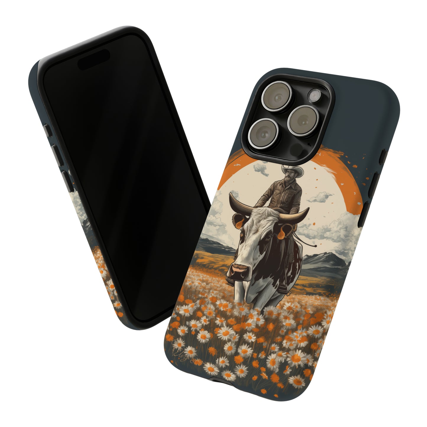 Meet 'Rugged Wrangler': Introducing our Tough Western Cell Phone Case. This unique design seamlessly combines rugged protection with a touch of whimsy, showcasing a fearless cowboy astride a dairy cow amidst a field of vibrant daisies. Elevate your style with this adventurous and protective accessory. #ElizaSinger #PhoneCase #RuggedWrangler