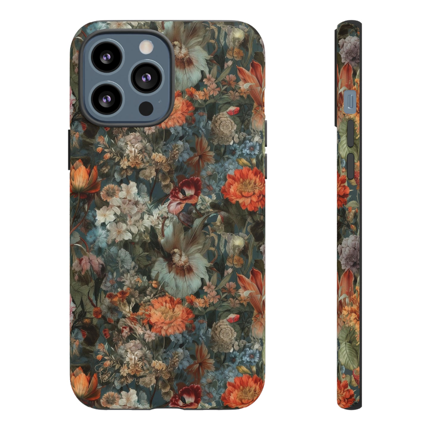 Blooms in Shadows: Botany Floral Dark Flowers iPhone Tough Protective Cover. A captivating blend of Flowers in muted colors, compatible with iPhone 15, 14, 13, XS, XR Pro/Max/Mini/P/Plus. Unleash Nature's Elegance with Durability and Style. #ElizaSinger #PhoneCase #FloralDesign