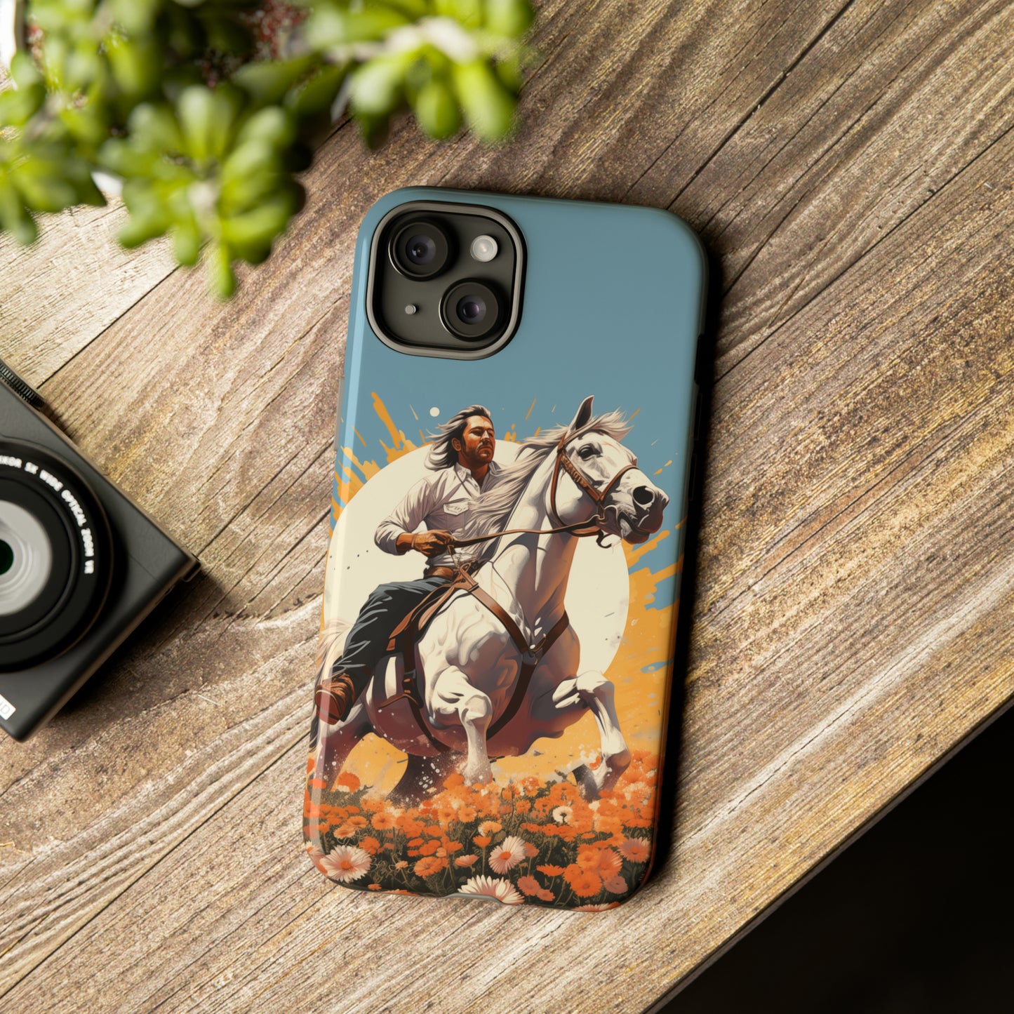 Retro Radiance Unleashed: Behold our Tough Western Cell Phone Case, featuring a vintage white horse and male rider on a vibrant turquoise backdrop. Set in a field of flowers with the sun casting a warm glow, this edition seamlessly blends style with protection. Embrace the past with this retro and stylish accessory. #ElizaSinger #PhoneCase #RetroRadiance