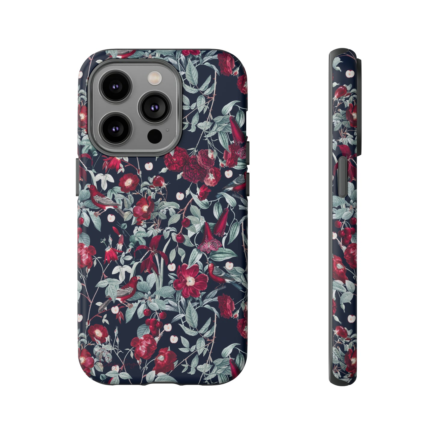 Blossom Serenade: Cherry Blossom Serenade Burgundy Navy Dark iPhone Tough Protective Cover. A captivating blend of Flowers in burgundy and navy hues, featuring a muted design. Compatible with iPhone 15, 14, 13, XS, XR Pro/Max/Mini/P/Plus. Elevate your device with this enchanting and stylish protective cover. #ElizaSinger #PhoneCase #FloralDesign