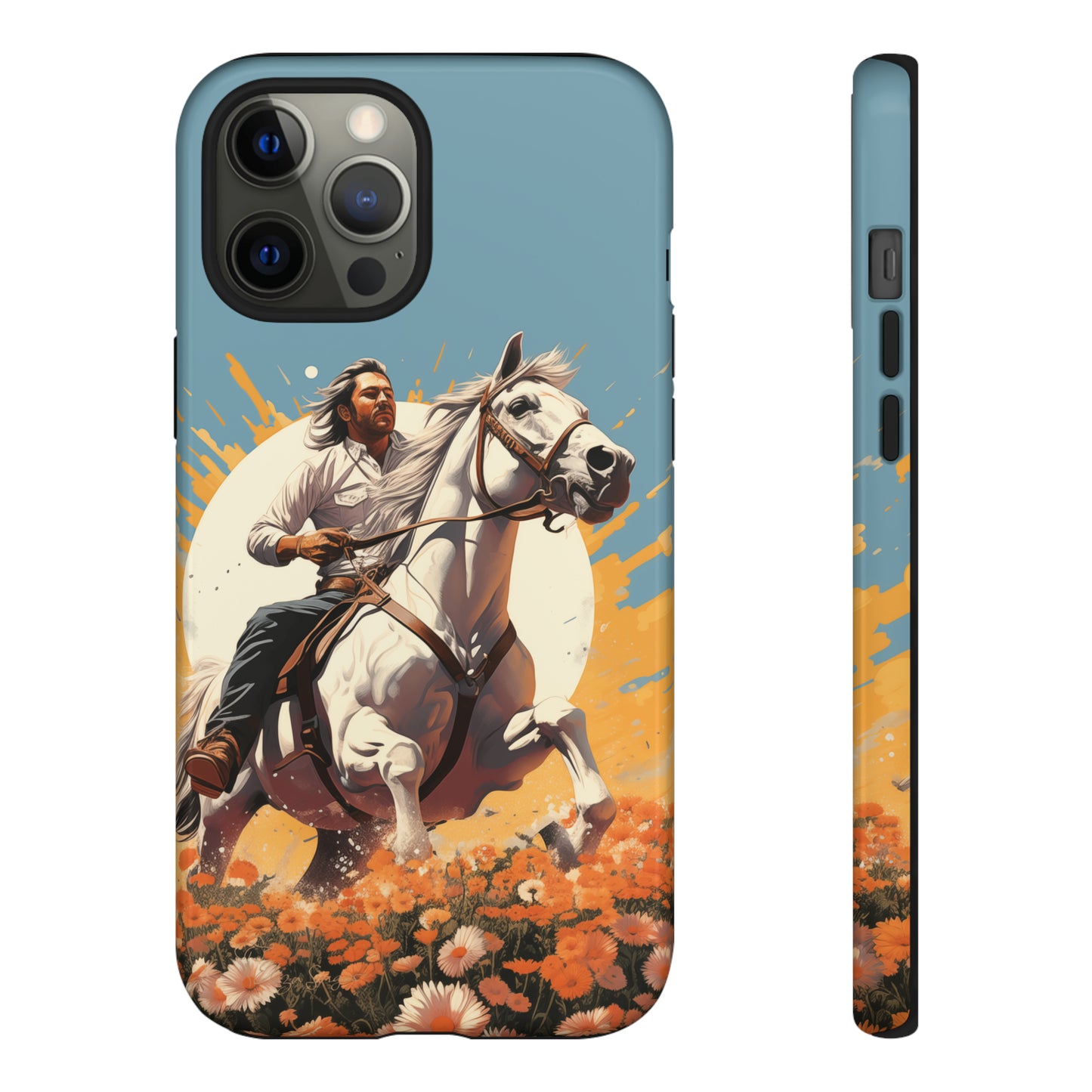Retro Radiance Unleashed: Behold our Tough Western Cell Phone Case, featuring a vintage white horse and male rider on a vibrant turquoise backdrop. Set in a field of flowers with the sun casting a warm glow, this edition seamlessly blends style with protection. Embrace the past with this retro and stylish accessory. #ElizaSinger #PhoneCase #RetroRadiance